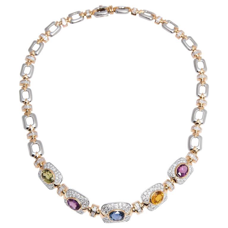 Marvin Schluger Multicolored Sapphire Diamond Gold Necklace In Good Condition For Sale In New York, NY