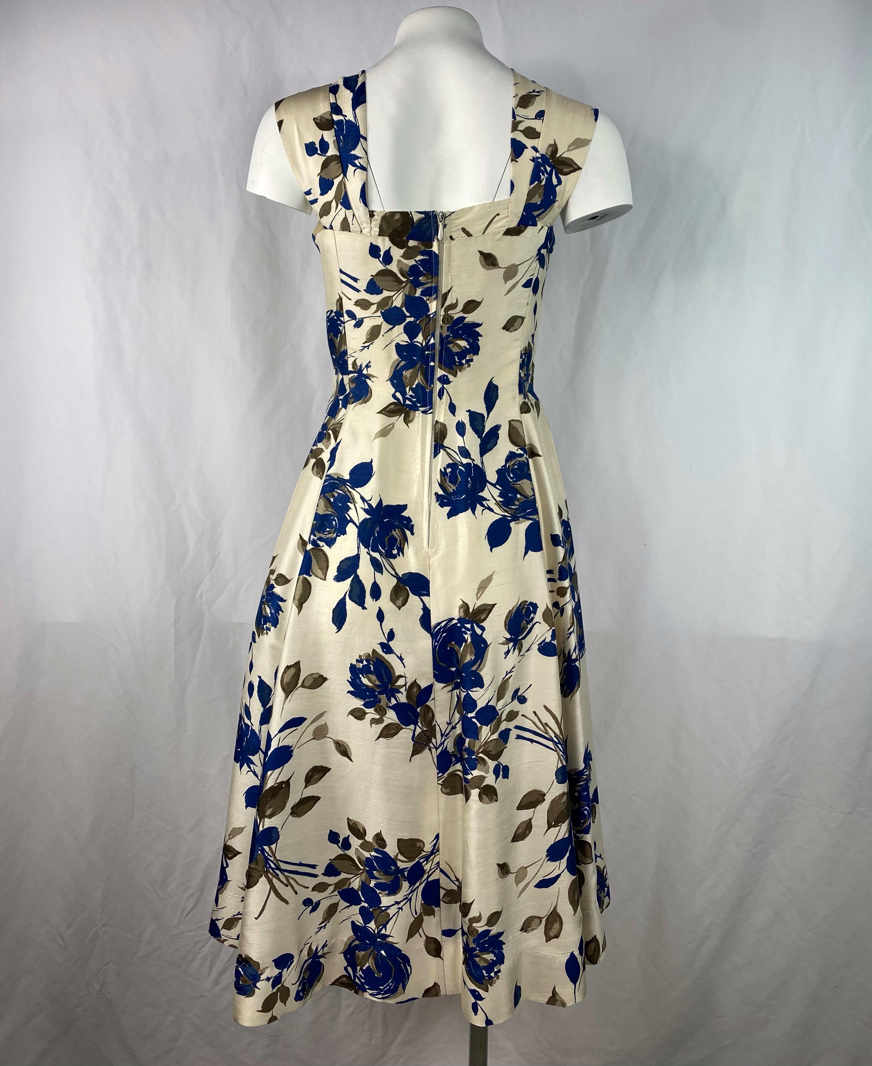 Beige Marwi Cream and Navy Floral Sleeveless Dress, Size 40 For Sale