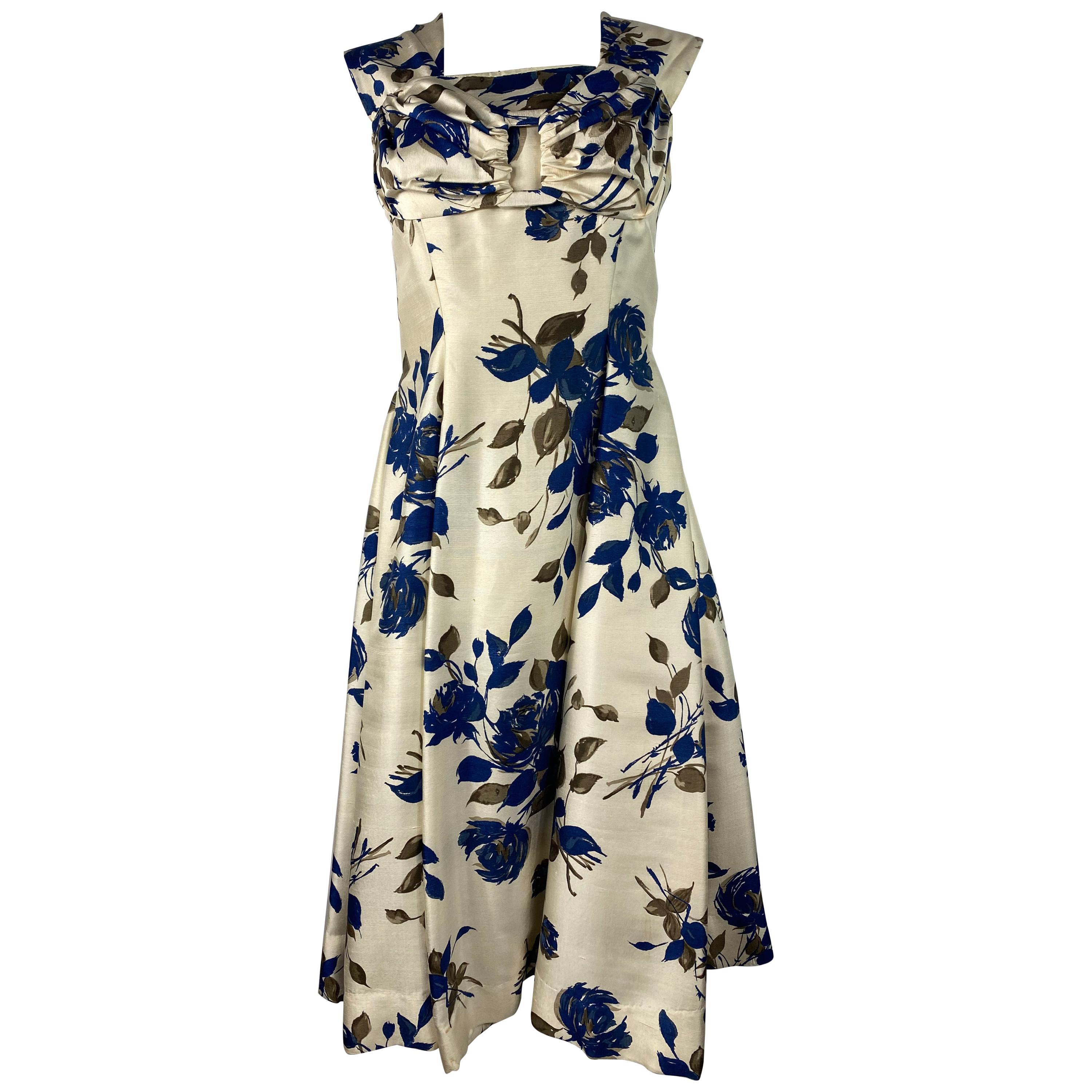 Marwi Cream and Navy Floral Sleeveless Dress, Size 40