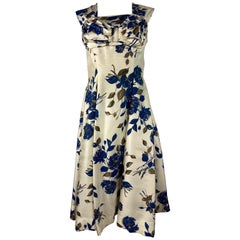 Retro Marwi Cream and Navy Floral Sleeveless Dress, Size 40