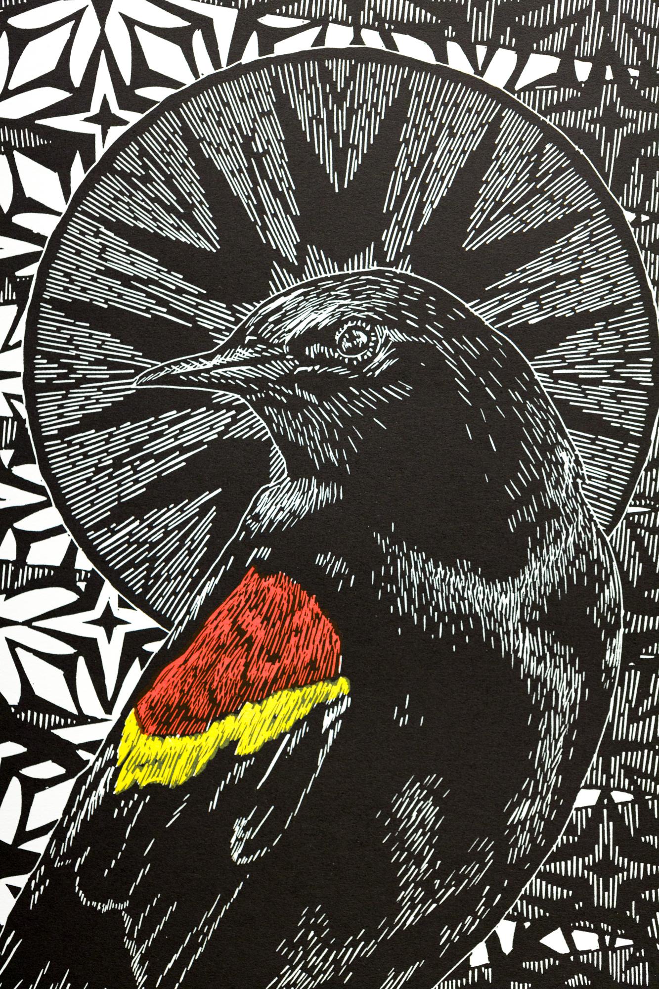 „Inner Strength“, Darstellung von Vögeln, Muster, Holzschnitt auf Papier 1