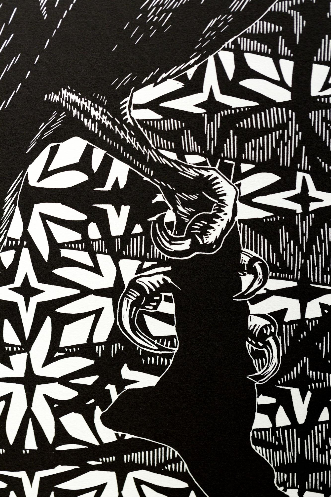 „Inner Strength“, Darstellung von Vögeln, Muster, Holzschnitt auf Papier 3