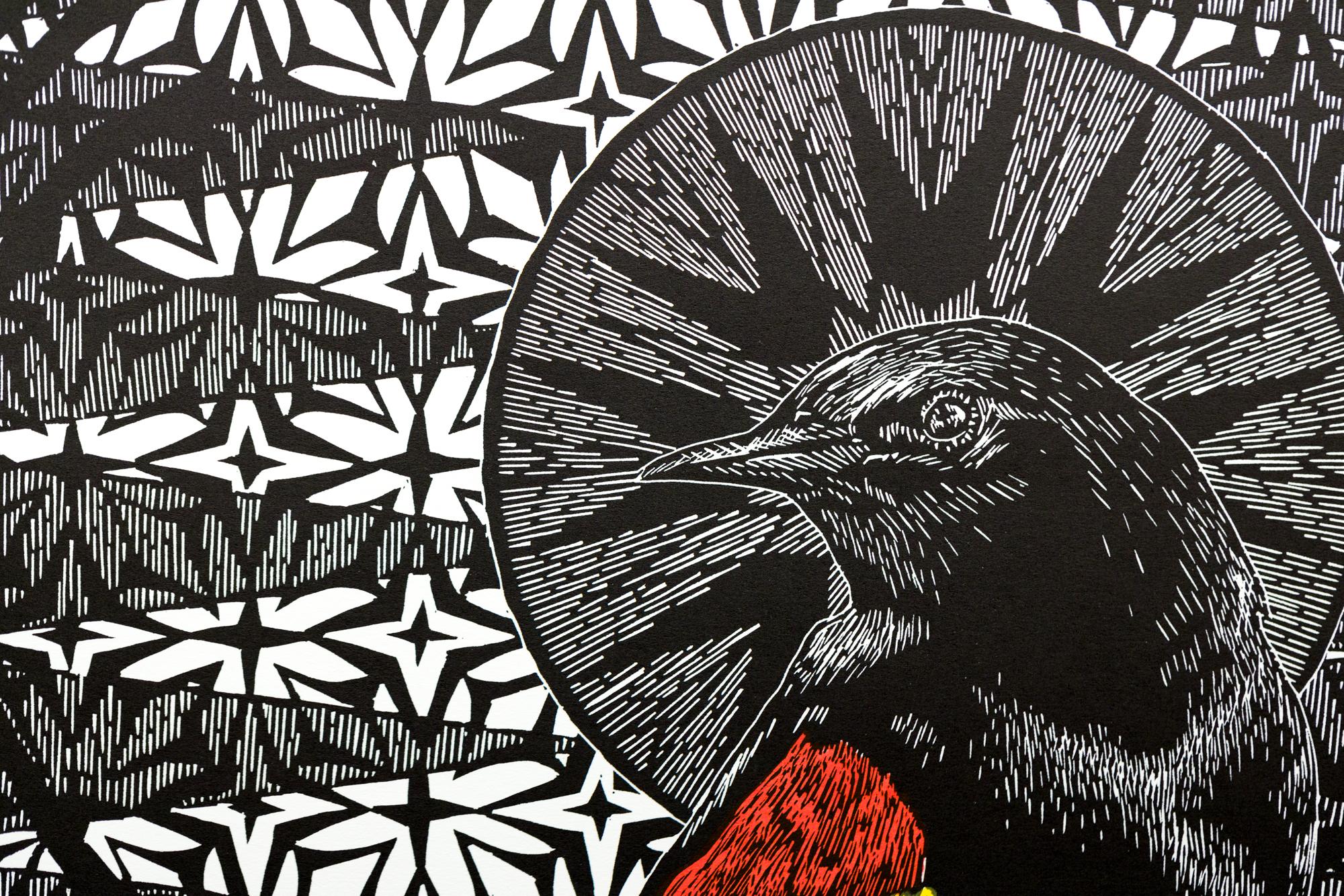 „Inner Strength“, Darstellung von Vögeln, Muster, Holzschnitt auf Papier 4