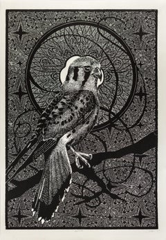 "Warrior", Depiction of Birds, Patterns, Woodblock Print on Paper