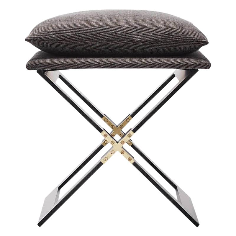 Gray (Charcoal-Gray Herringbone) Marx Stool in Blackened Steel Base with Upholstery by Gabriel Scott