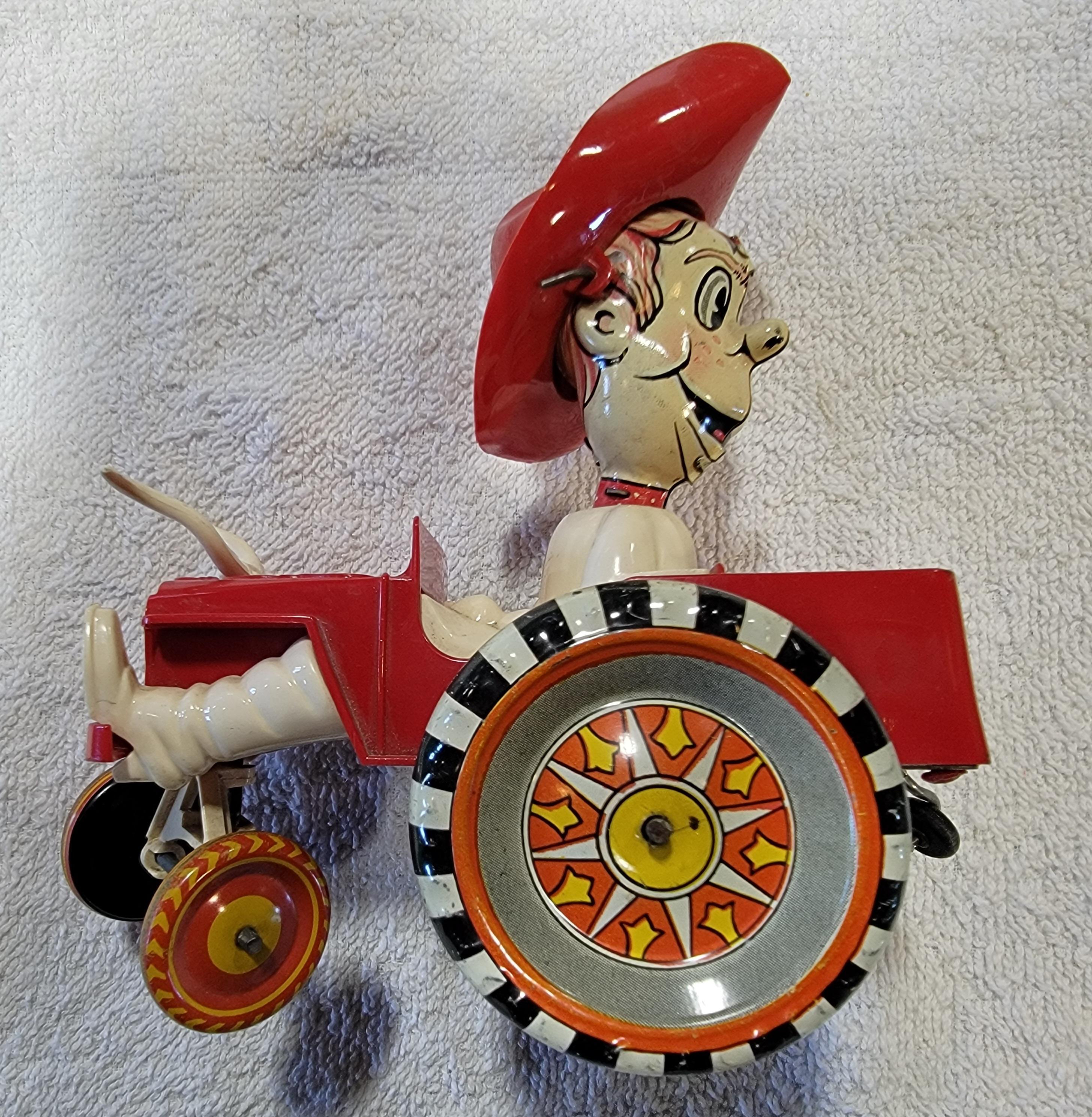 American Marx Toys Cowboy in Jeep Tin Lithograph Wind-Up Toy For Sale