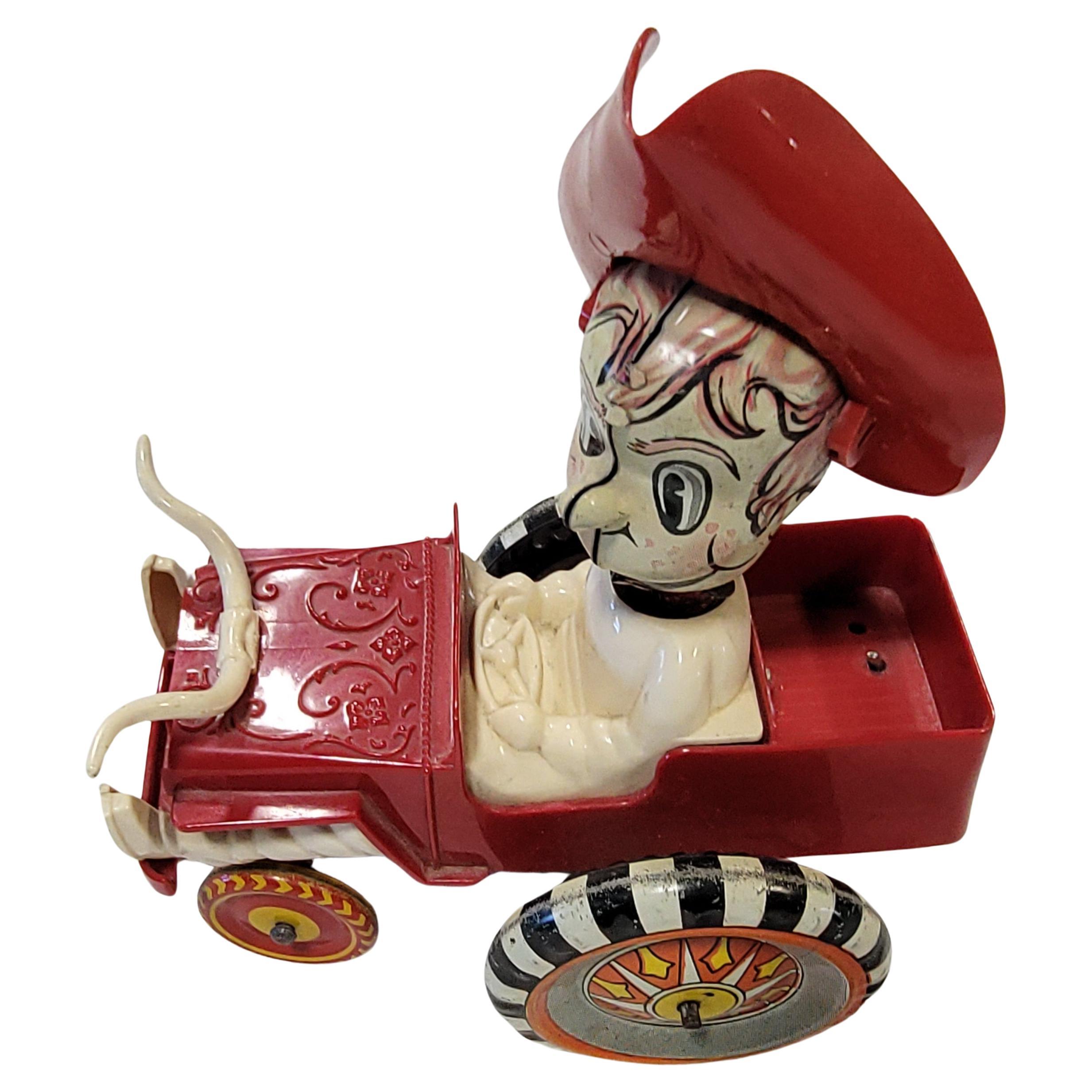 Marx Toys Cowboy in Jeep Zinnlithographie Wind-Up-Spielzeug