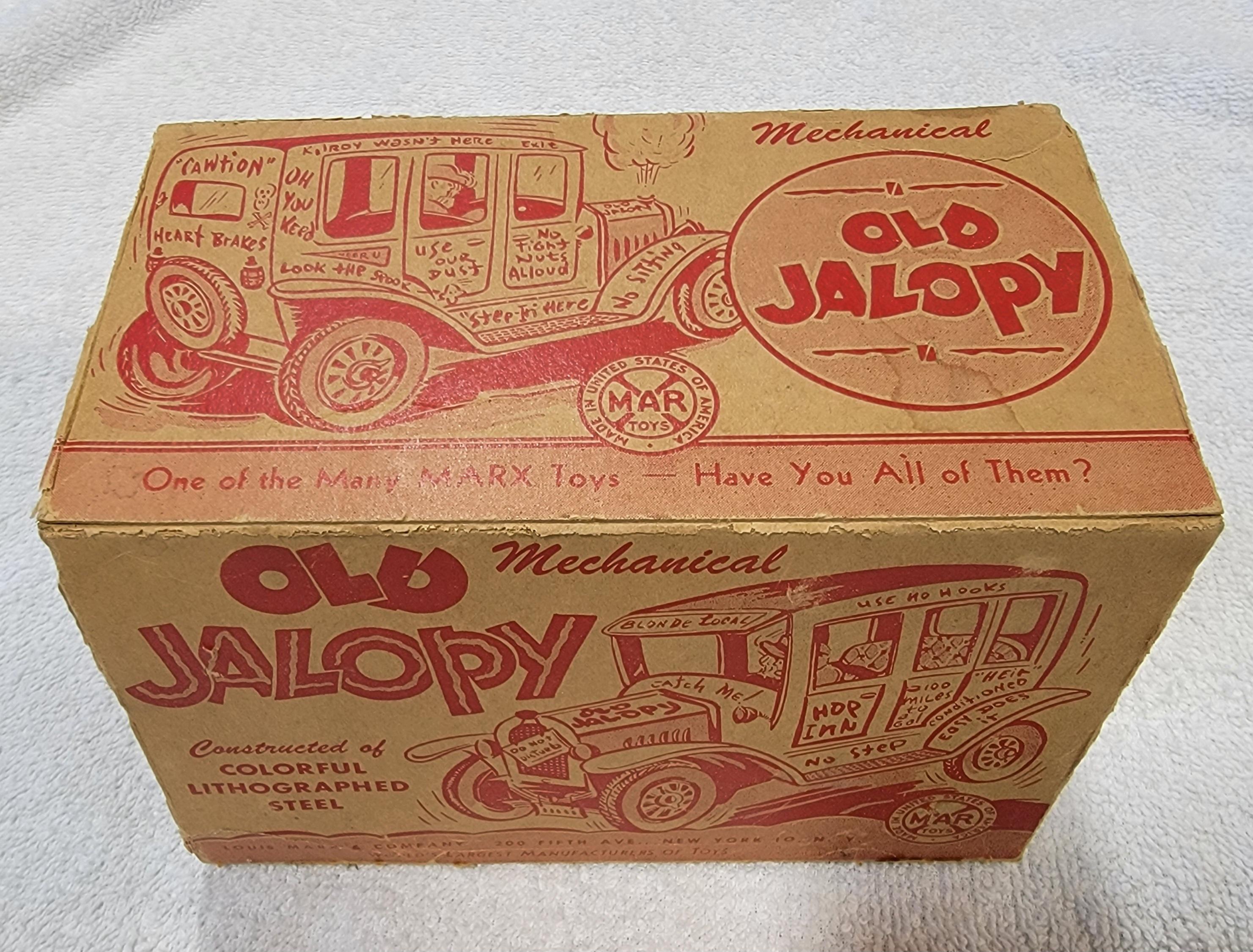 Marx Toys Key-Wind Zinn-Lithographie „Jalopy“ Spielzeugwagen mit Schachtel im Angebot 3