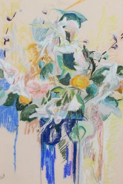 "Fleurs" Mary Abbott, nature morte florale colorée, expressionnisme abstrait féminin.