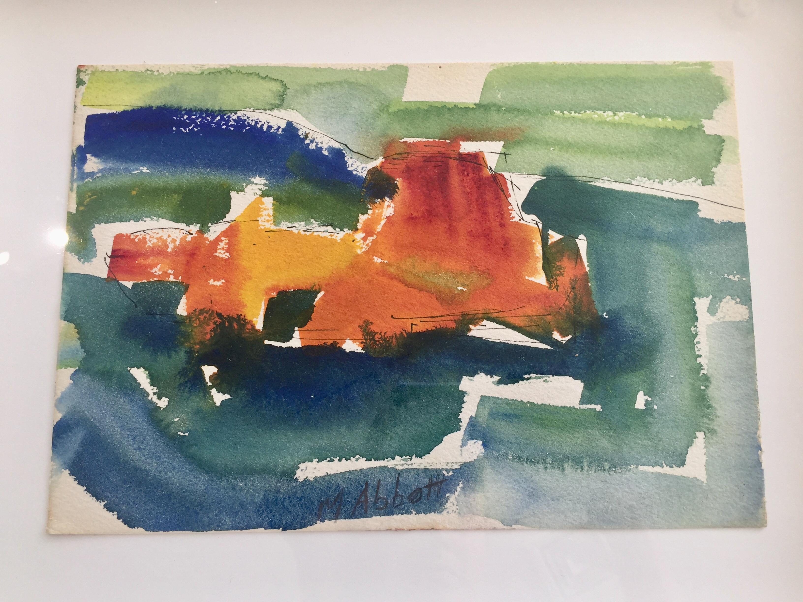 Vivid Watercolors, Bold brush strokes of Orange, Blue, and Green
Ocean Landscape Abstract Expressionism 
Female Abstract Expressionist 
Hamptons Bohemian, Artists of the East End 
H 7 x W 10 inches unframed, H 12 x W 15 inches framed 
With Mary