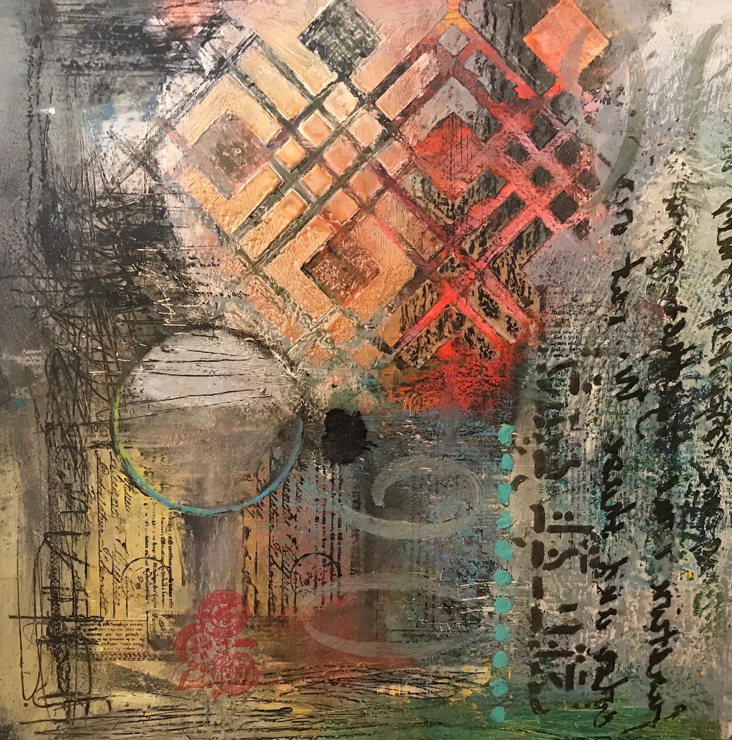 Mary Marley's “It's a Possibility” is an encaustic painting measuring 12 x 12 x 2 inches.  It is painted on a birch panel with encaustic and oil paint creating a textured layered surface in gray and blue with soft tones of orange and yellow