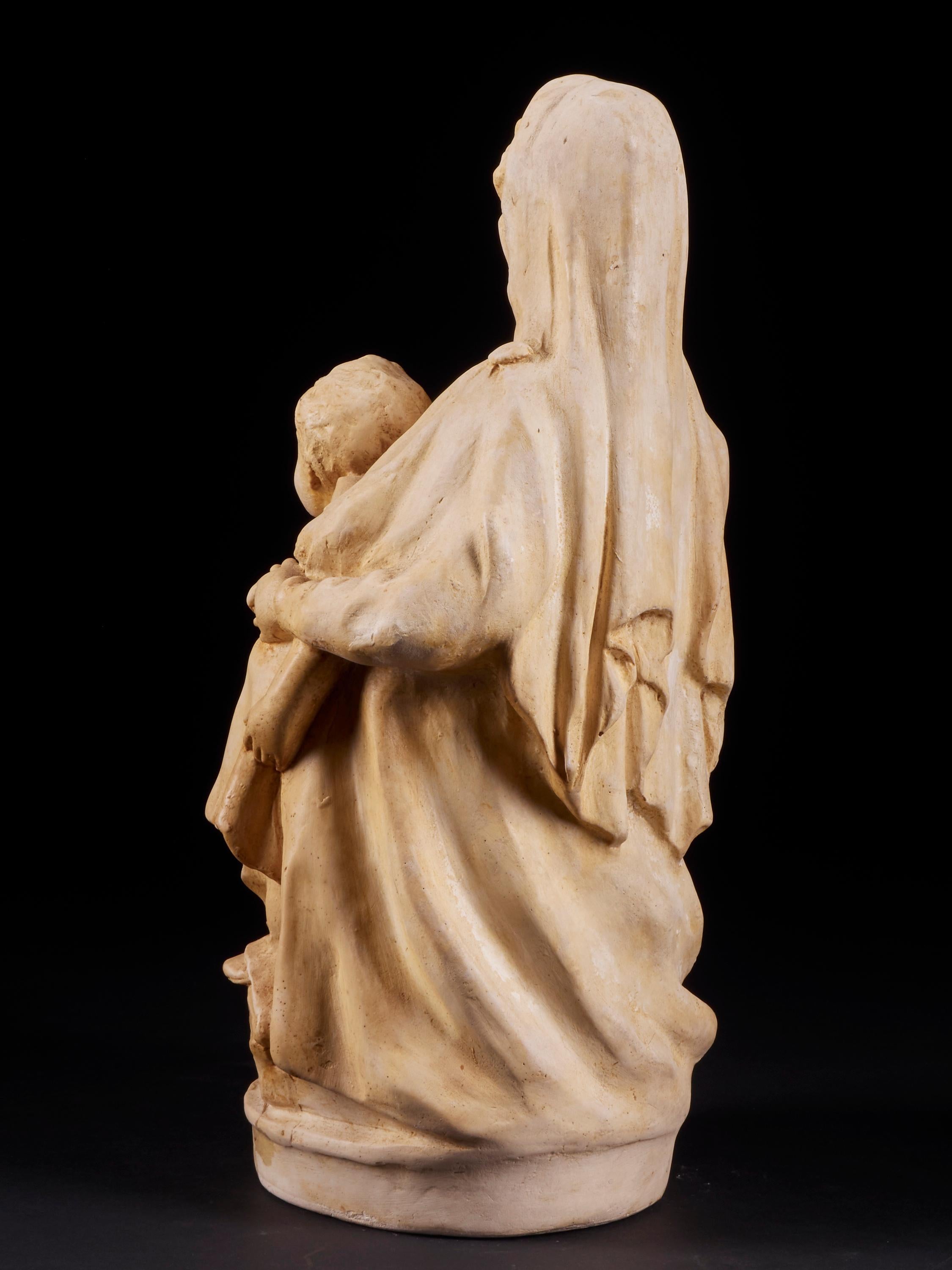 Hand-Crafted Mary and Child Plaster Statue Signed and Marked Algget, Devliegher from Bruges