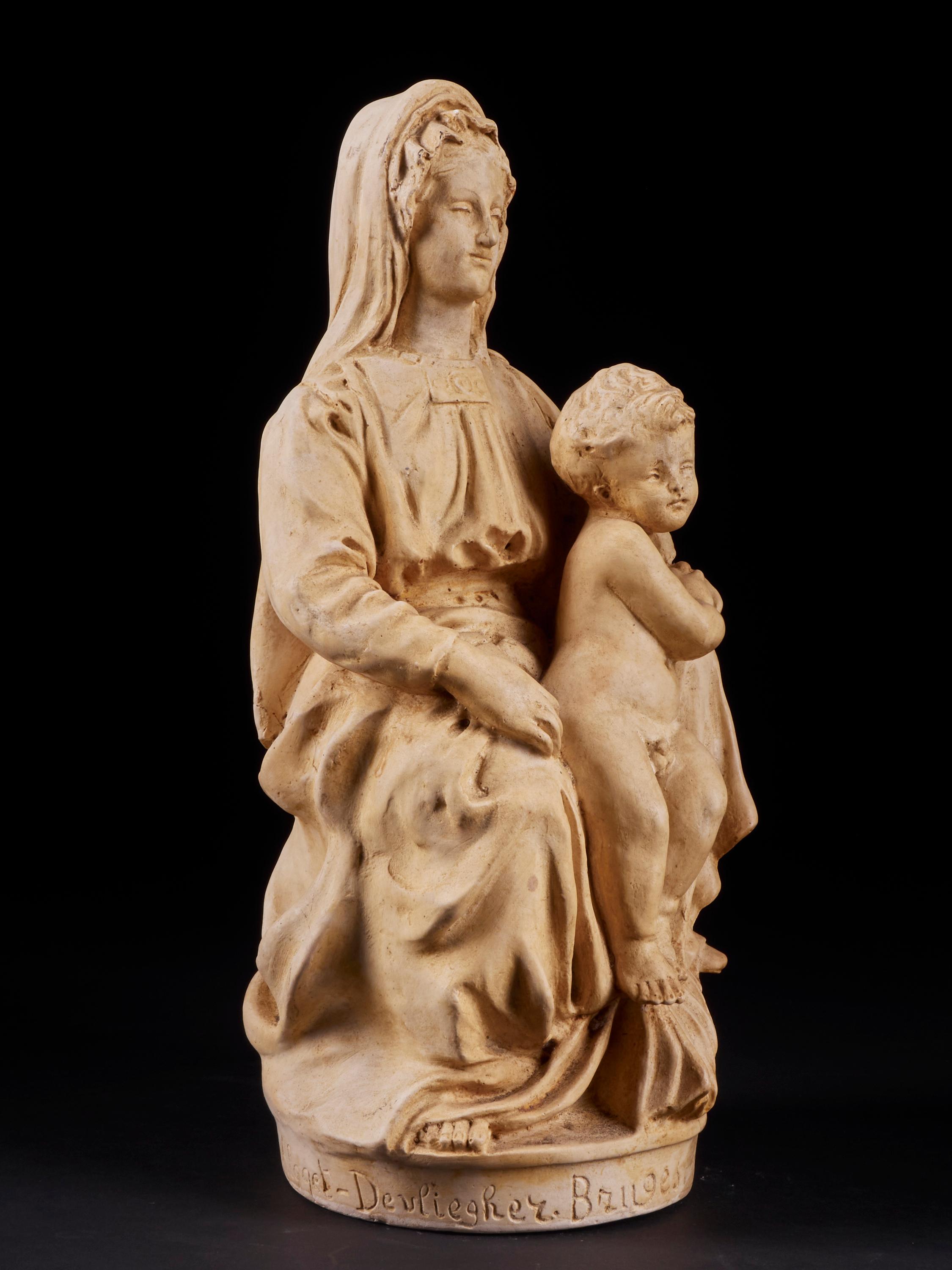 Mary and Child Plaster Statue Signed and Marked Algget, Devliegher from Bruges 1