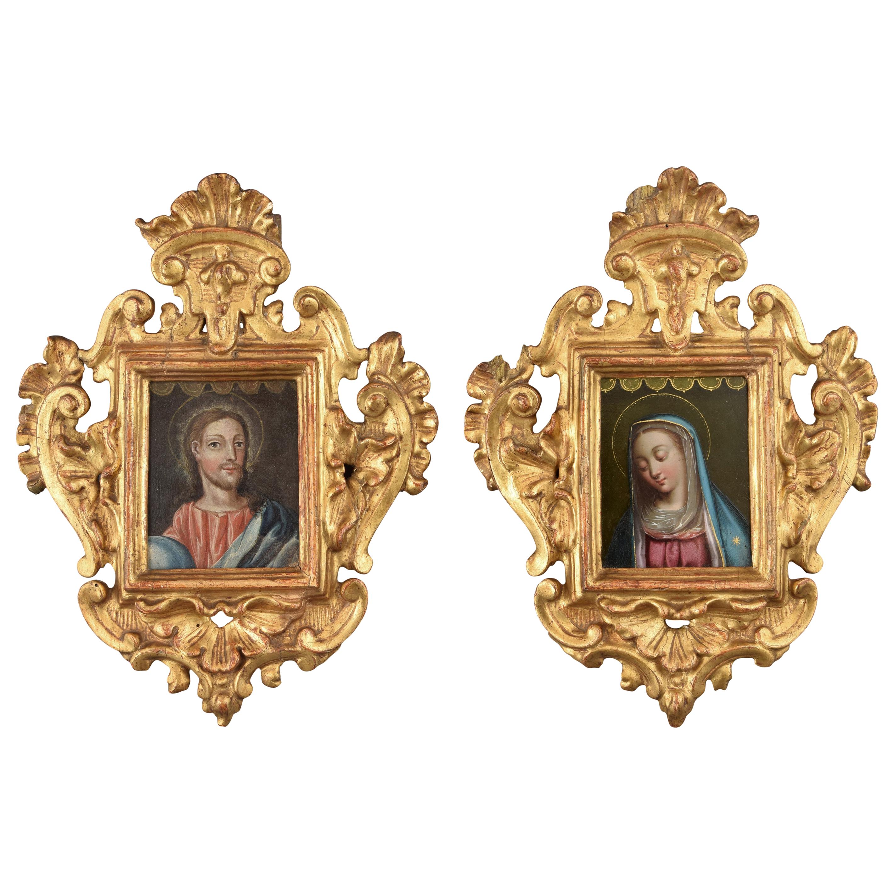 "Mary and Jesus" Pair of Paintings on Copper with Wood Frames, 17th-18th Century