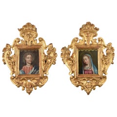 "Mary and Jesus" Pair of Paintings on Copper with Wood Frames, 17th-18th Century