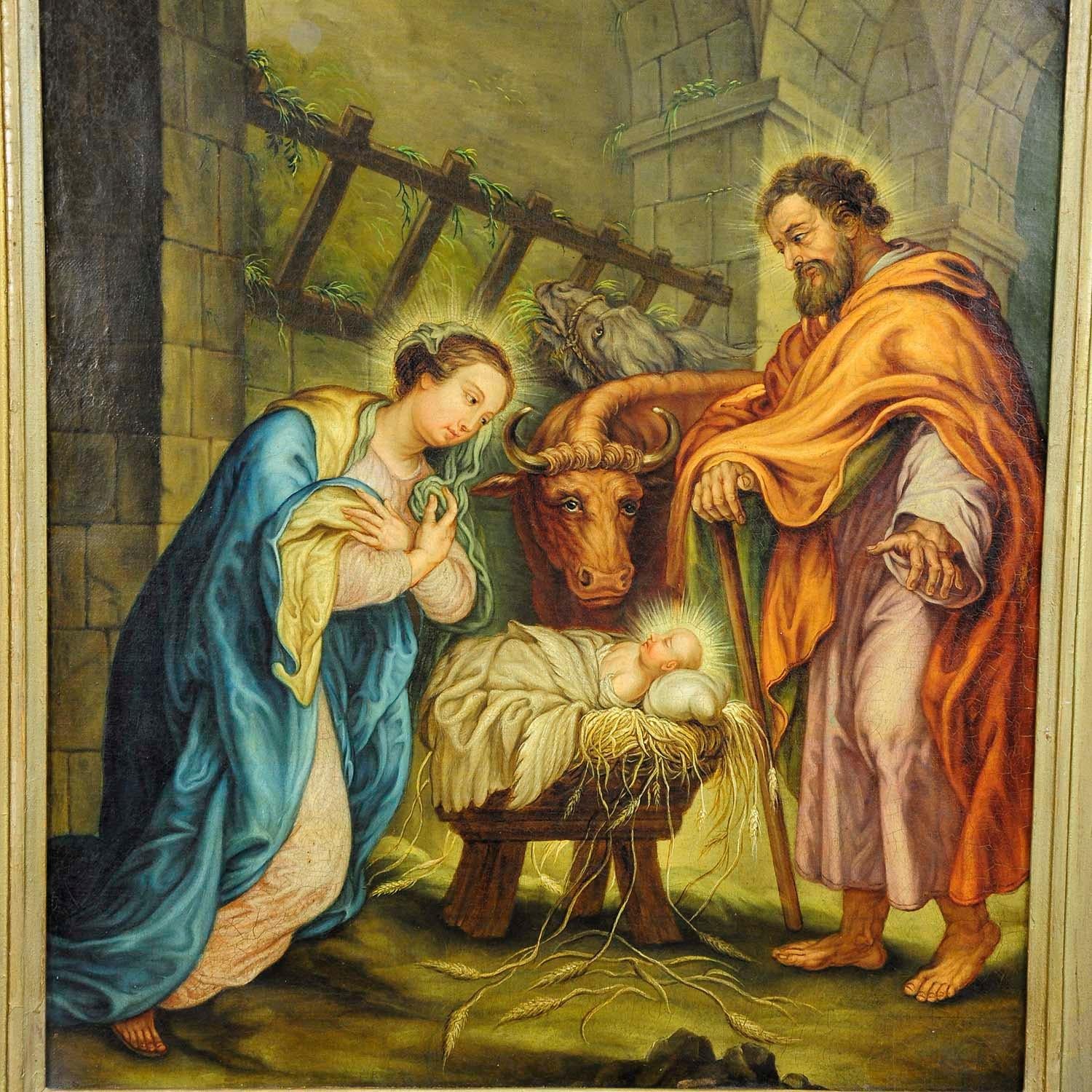 A naturalistic oil painting depicting joseph, maria and the holy child in the barn of bethlehem. Oil painting on canvas with vigorous pastell colors. Framed with antique decorative gilded frame. Unsigned, Germany, Bavaria early 20th