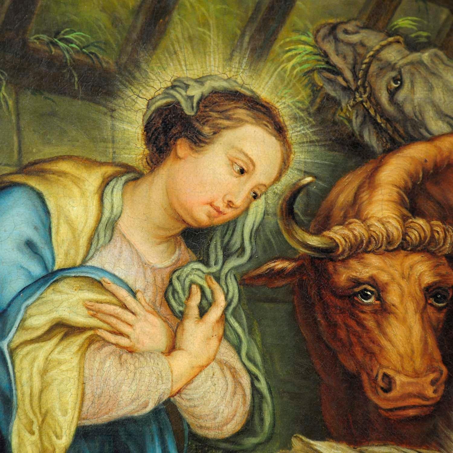 Début de l'époque victorienne Marie et Joseph dans la grange de Bethléem, peinture à l'huile sur toile en vente
