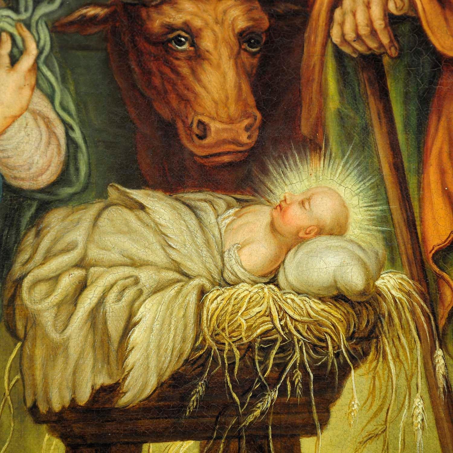 Mary und Joseph in der Scheune von Bethlehem, Ölgemälde auf Leinwand (Deutsch) im Angebot