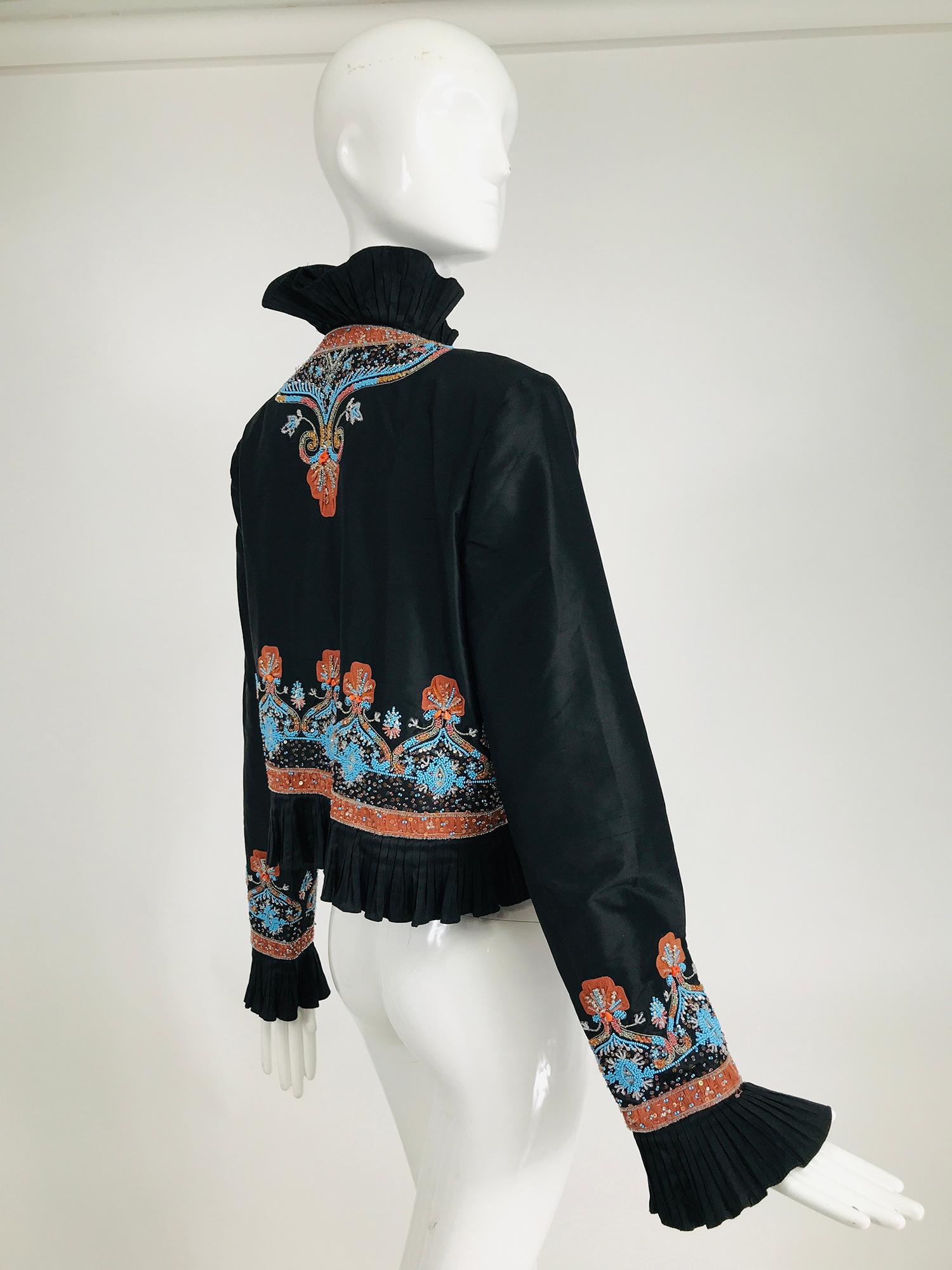 Mary Ann Restivo Embroidered Black Silk Taffeta Bolero Jacket  In Good Condition For Sale In West Palm Beach, FL