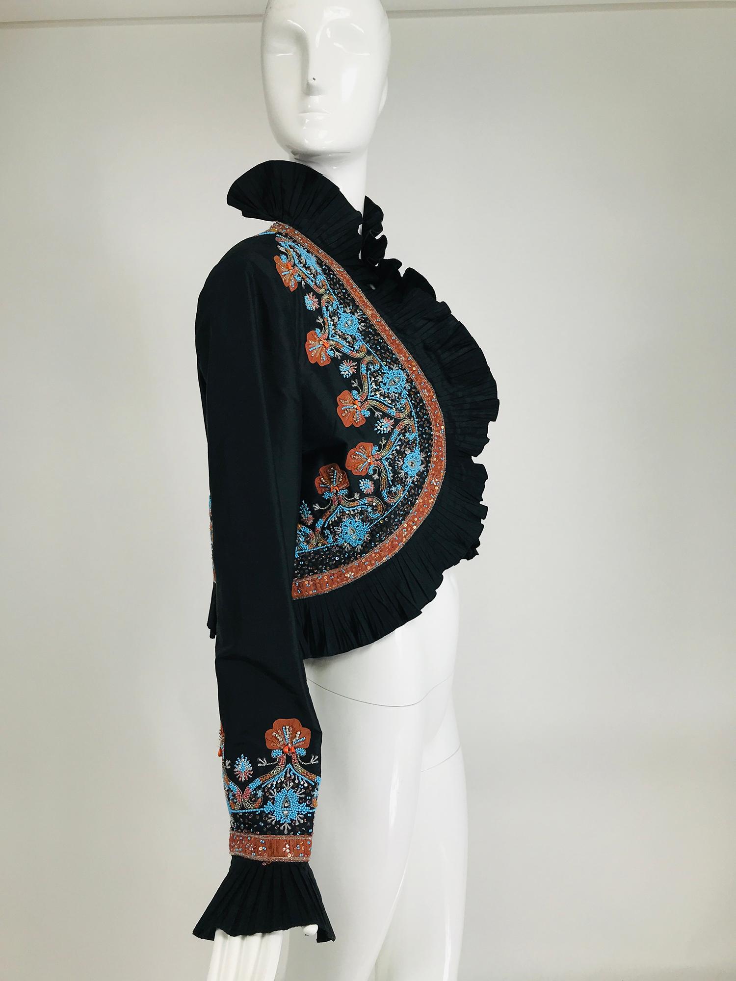 Women's Mary Ann Restivo Embroidered Black Silk Taffeta Bolero Jacket  For Sale