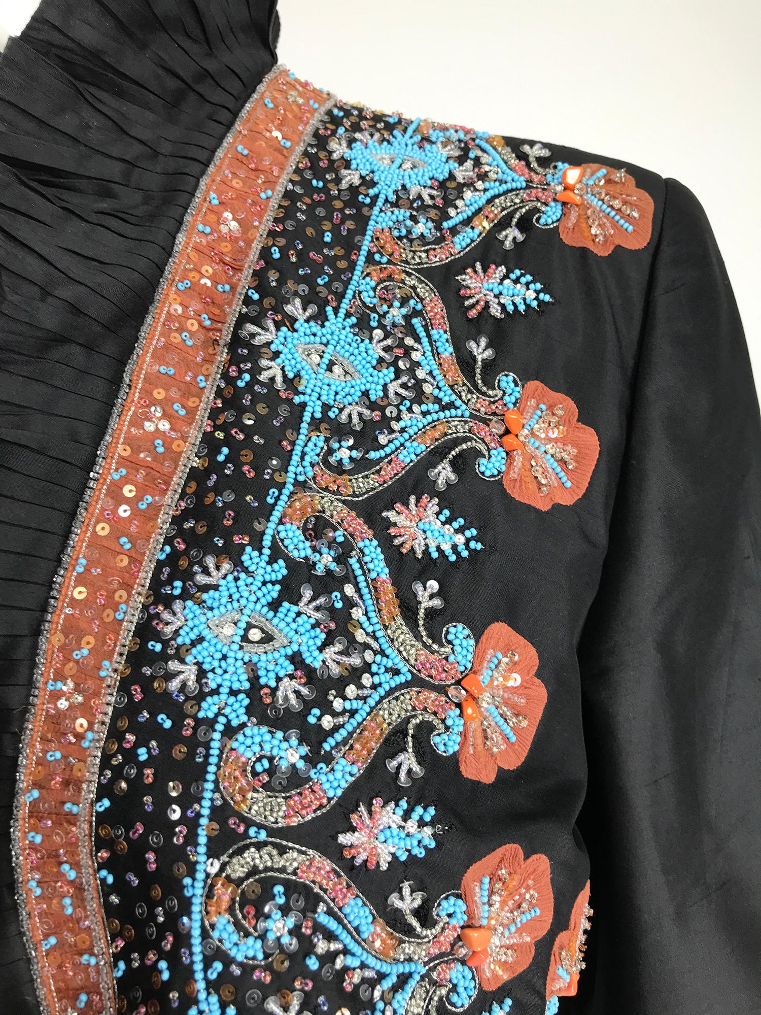 Mary Ann Restivo Embroidered Black Silk Taffeta Bolero Jacket  For Sale 1