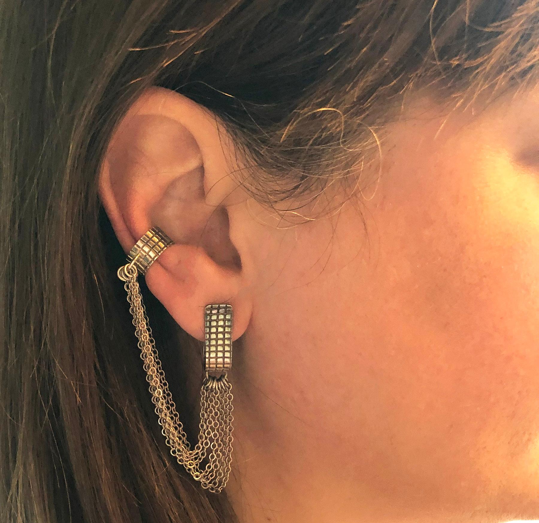 Sterling silver chain cuff pair of earrings by jeweler Mary Ann Scherr of North Carolina.  Pierced earrings measure 4.25