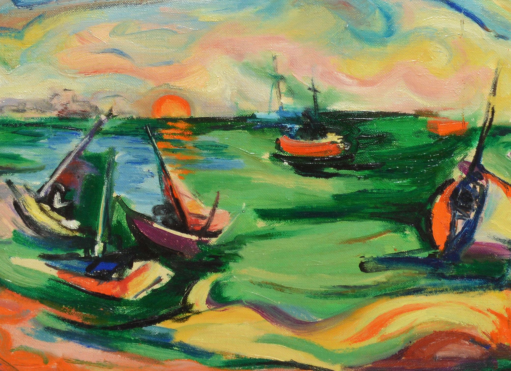 Modernist harbor view with a sunset by Mary Ascher  (1900 - 1988).  Oil on canvas, circa 1940.  Signed lower left.  Displayed in a modernist frame with linen liner.  Image size, 12
