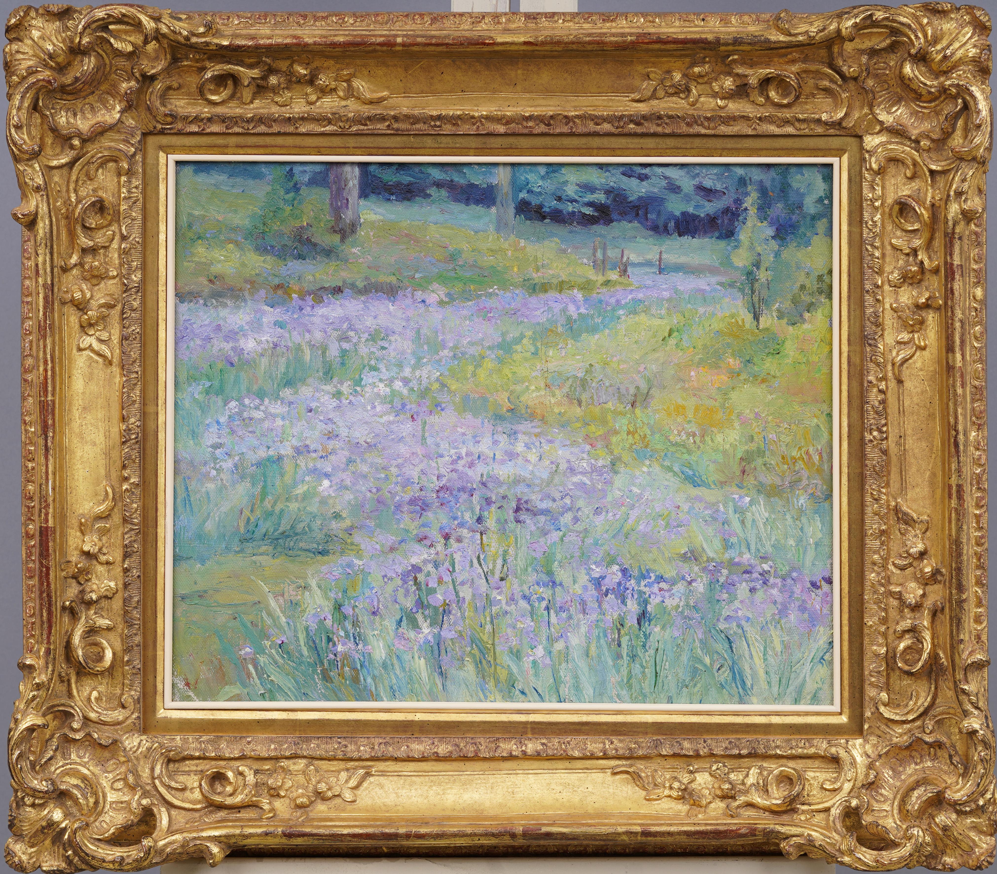 Antique American impressionist flower landscape oil painting by Mary Aubin Harris (Born 1864) .  Oil on canvas.  Framed.  Image size, 14H x 17L.  Harris was a student of William Merrit Chase and is very rare to come by.  Really nicely framed and a