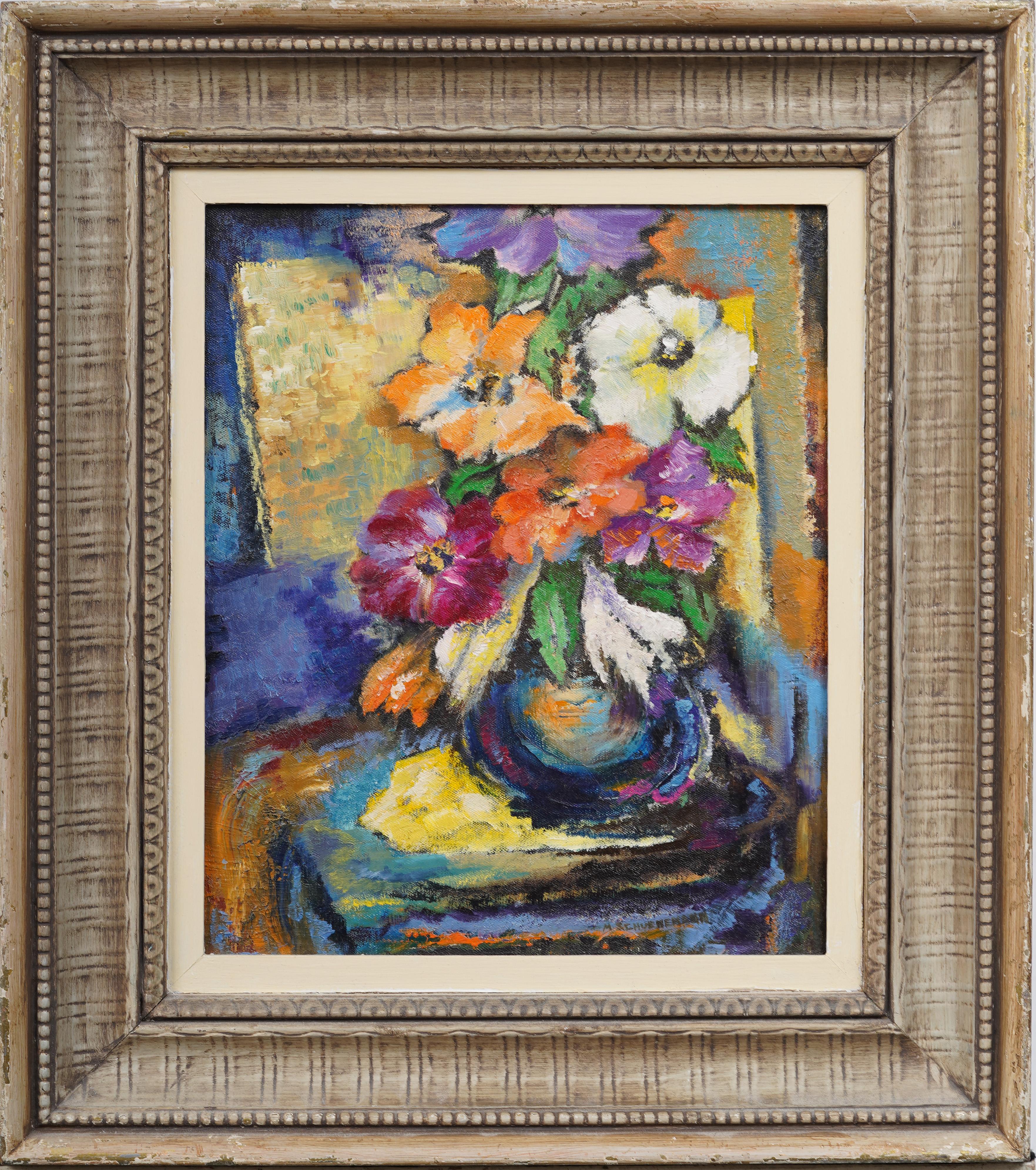 Antique American Modernist Framed Flower Fauvist Still Life Signed Oil Painting - Brown Interior Painting by Mary B. Schuenemann