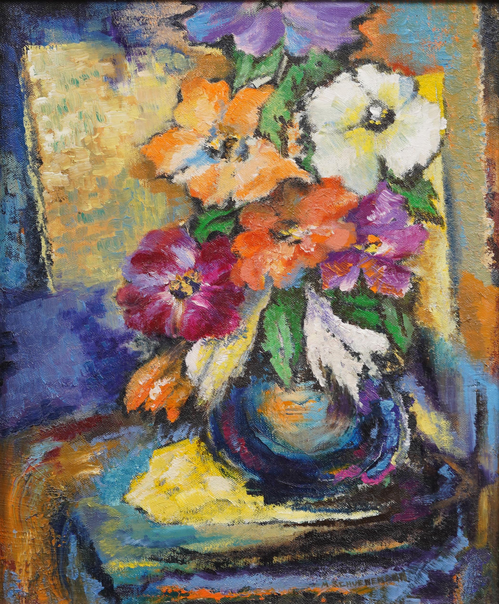 Impressive early American modernist flower still life oil painting.  Framed.  Oil on canvas.  Signed.  Image size, 12H by 10L.