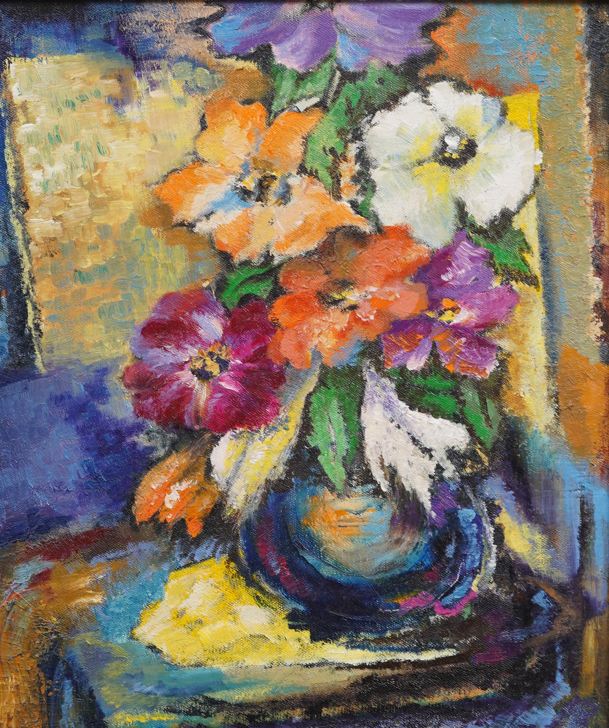 Antique American Modernist Framed Flower Fauvist Still Life Signed Oil Painting For Sale 1