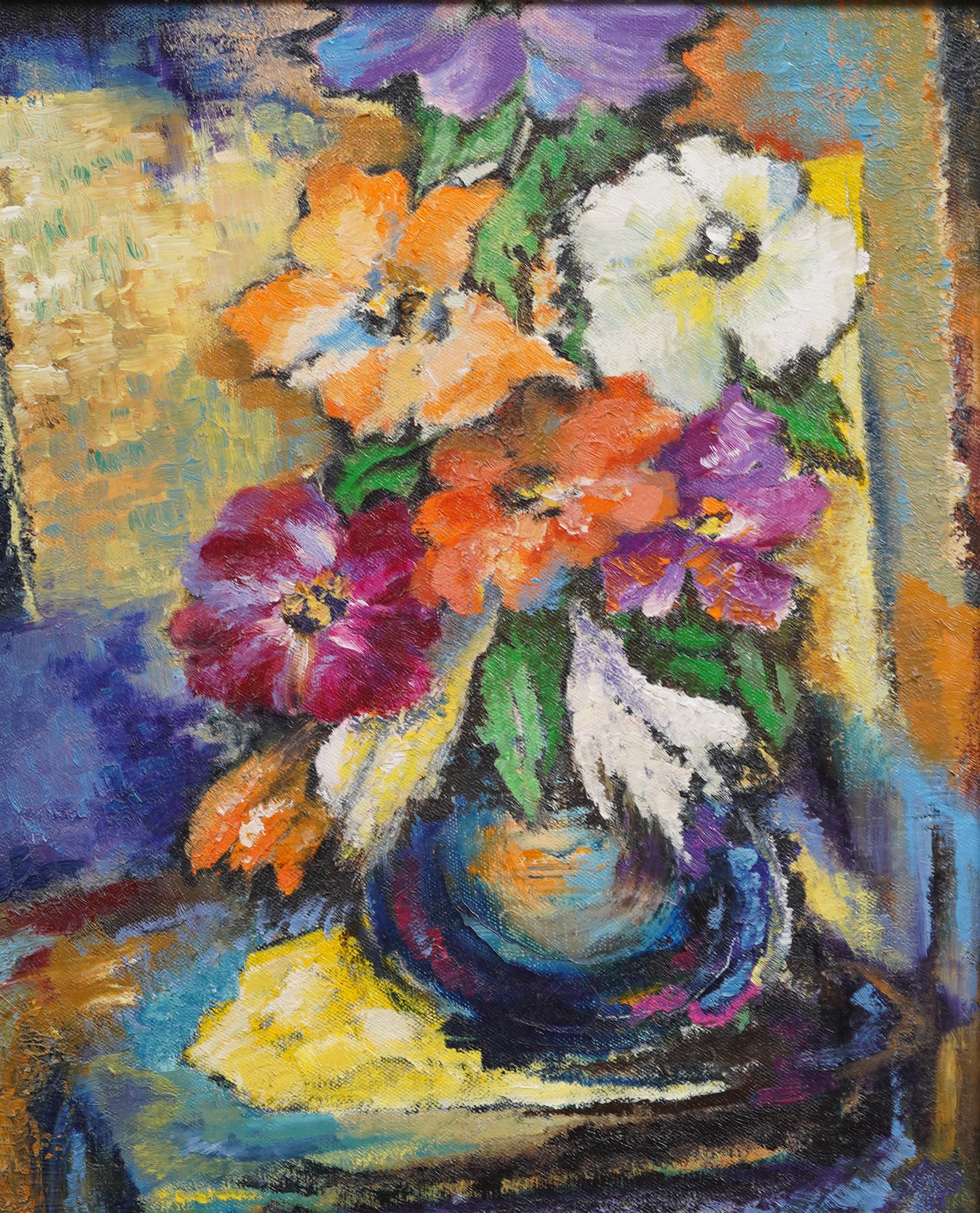 Antique American Modernist Framed Flower Fauvist Still Life Signed Oil Painting For Sale 2