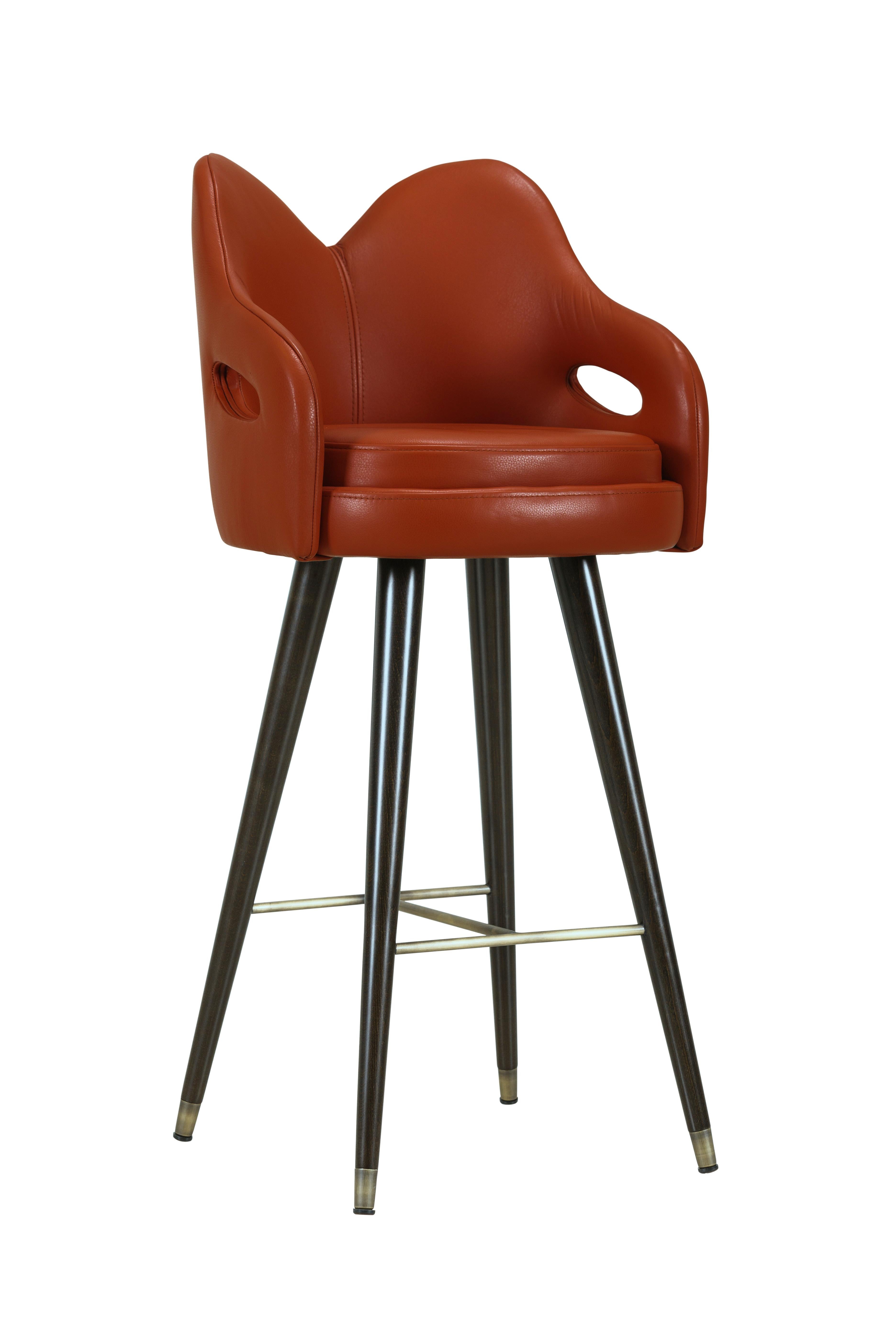 Brass Modern Mary Swivel Bar Stool, Black Leather, Handmade in Portugal by Greenapple For Sale
