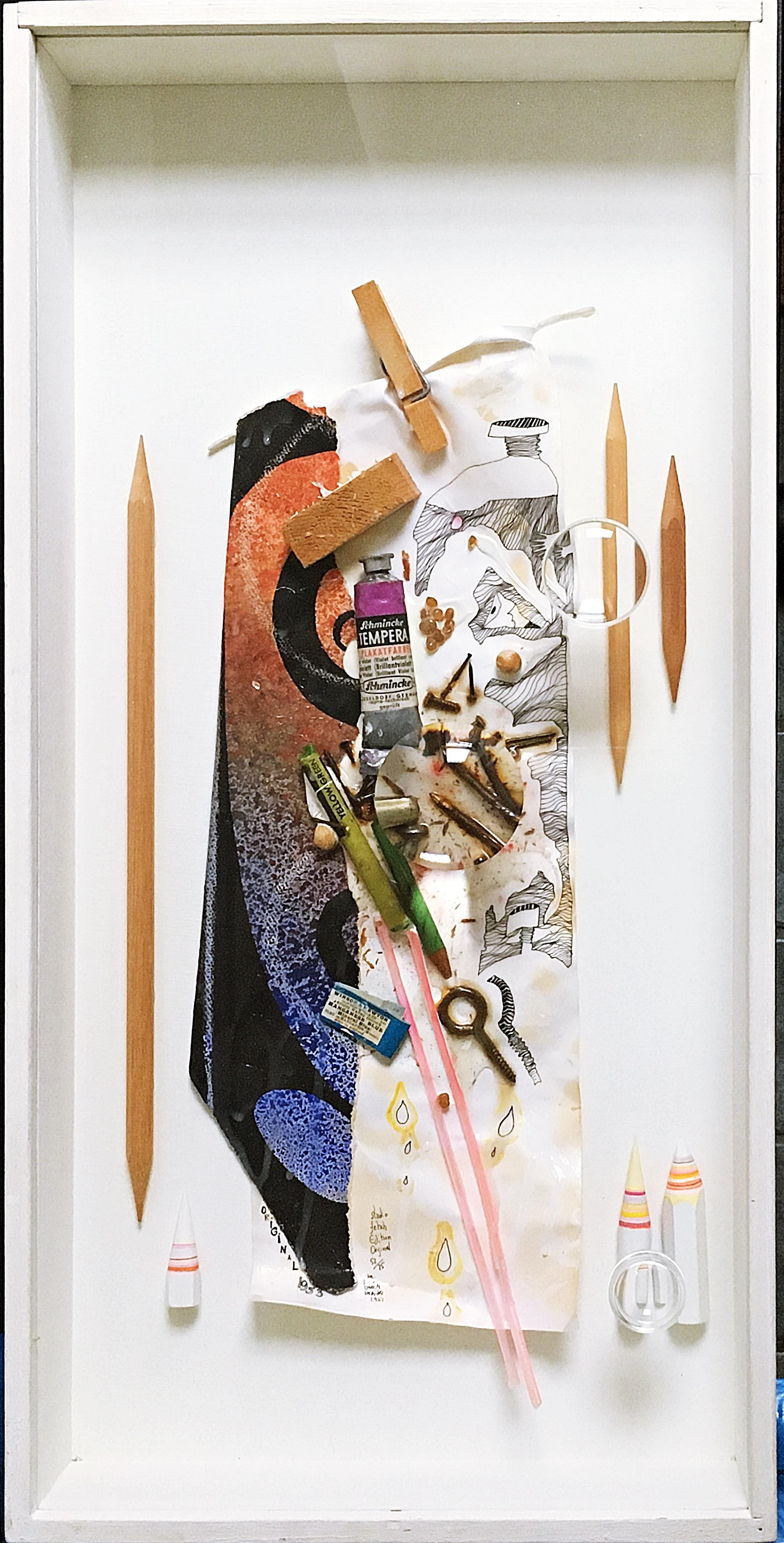 Mary Baumeister
Studio Leftover Fetich, 1953, 1967
Unique Mixed Media 3-D Assemblage
Ink Signed, dated, titled, annotated "Edition Original" and numbered 52/75.
Shadow box frame Included: elegantly framed in a museum quality white wood shadow box