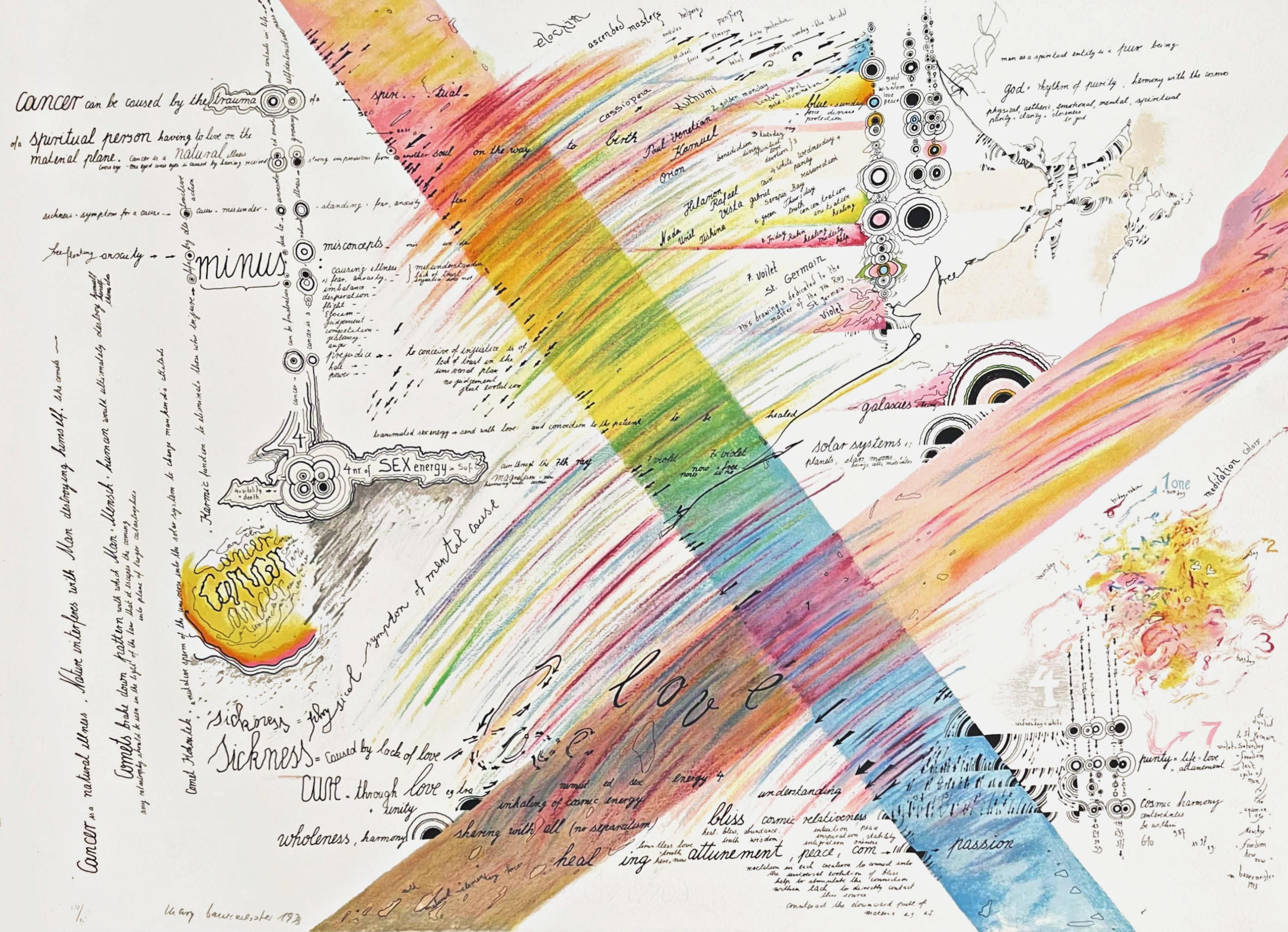 sérigraphie et lithographie de la pionnière féminine Fluxus, signée Rainbow, des années 1970 