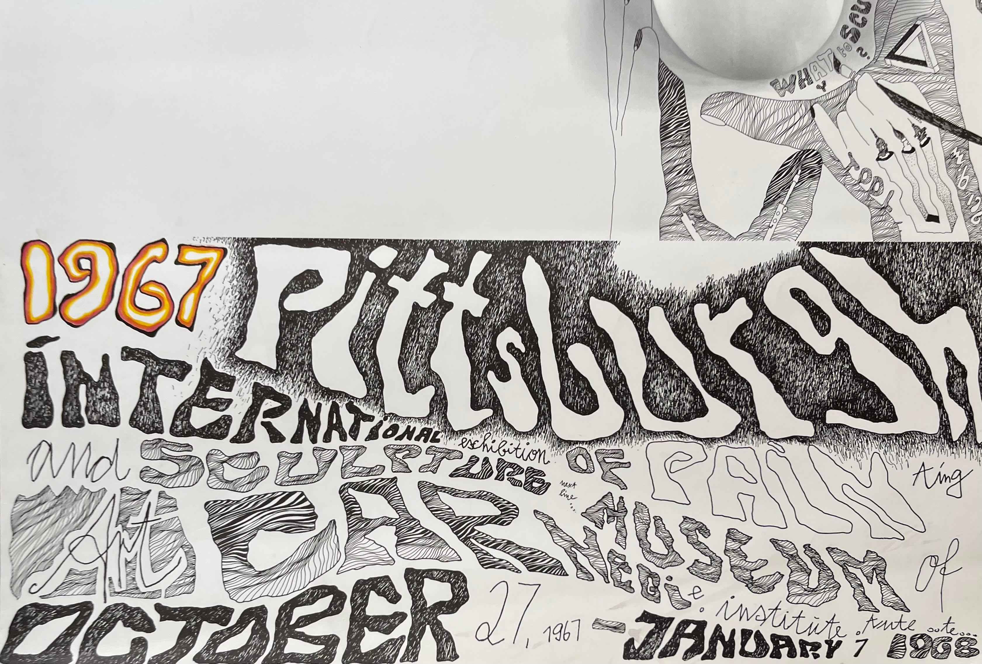 Rare poster historique des années 1960 de Lt Ed Fluxus Pittsburgh International Carnegie Museum - Gris Abstract Print par Mary Bauermeister