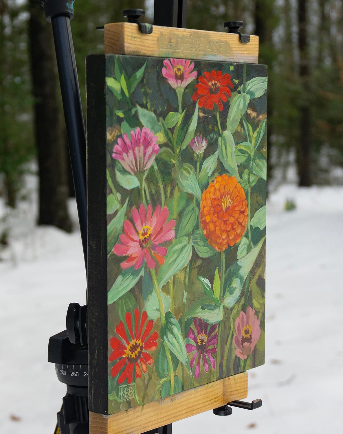 Zinnias sobre fondo oscuro, Pintura original - Mixed Media Art Impresionista de Mary Beatty-Brooks