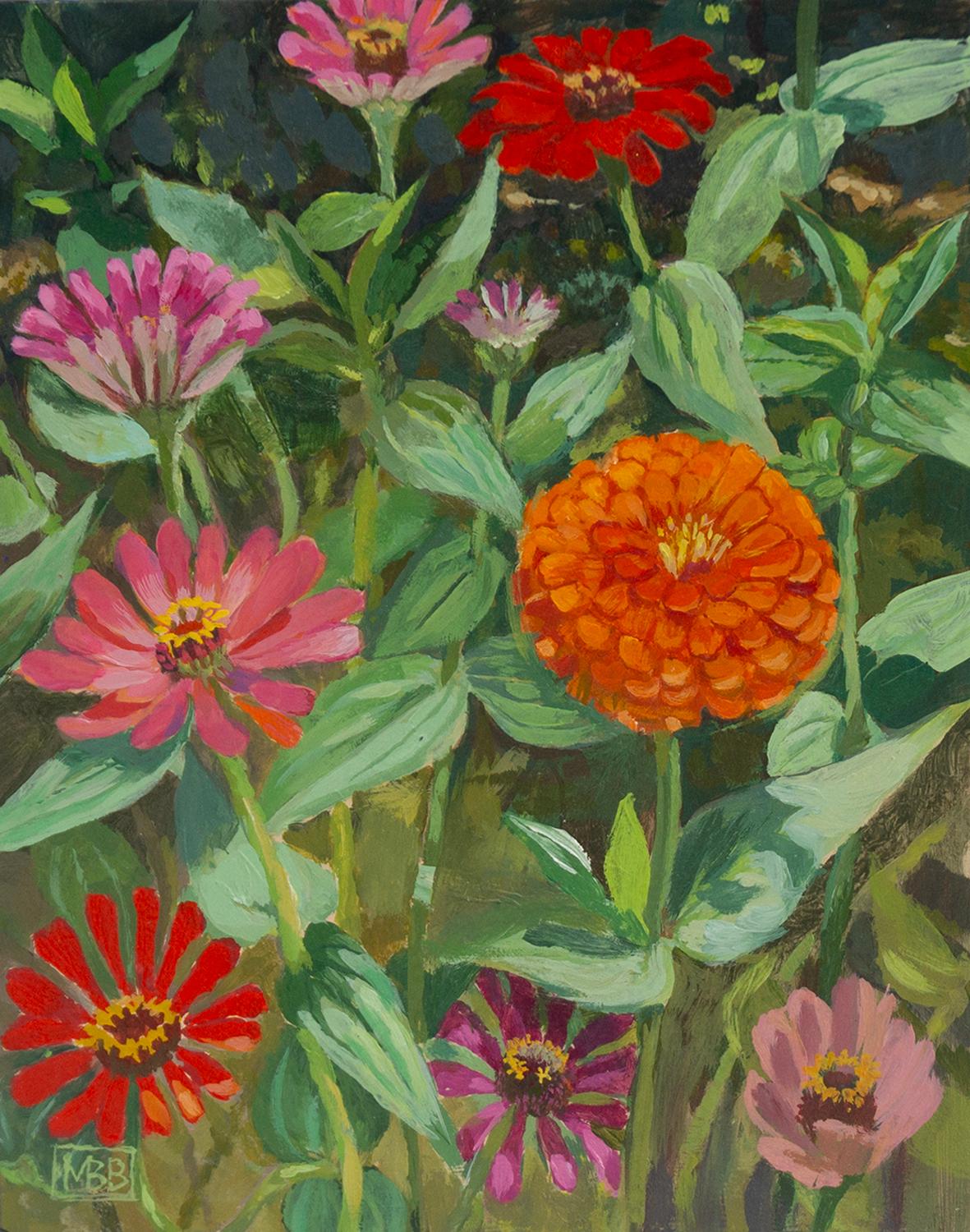 Zinnias sobre fondo oscuro, Pintura original - Mixed Media Art de Mary Beatty-Brooks
