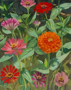 Zinnias on Dark Background, Original Painting
