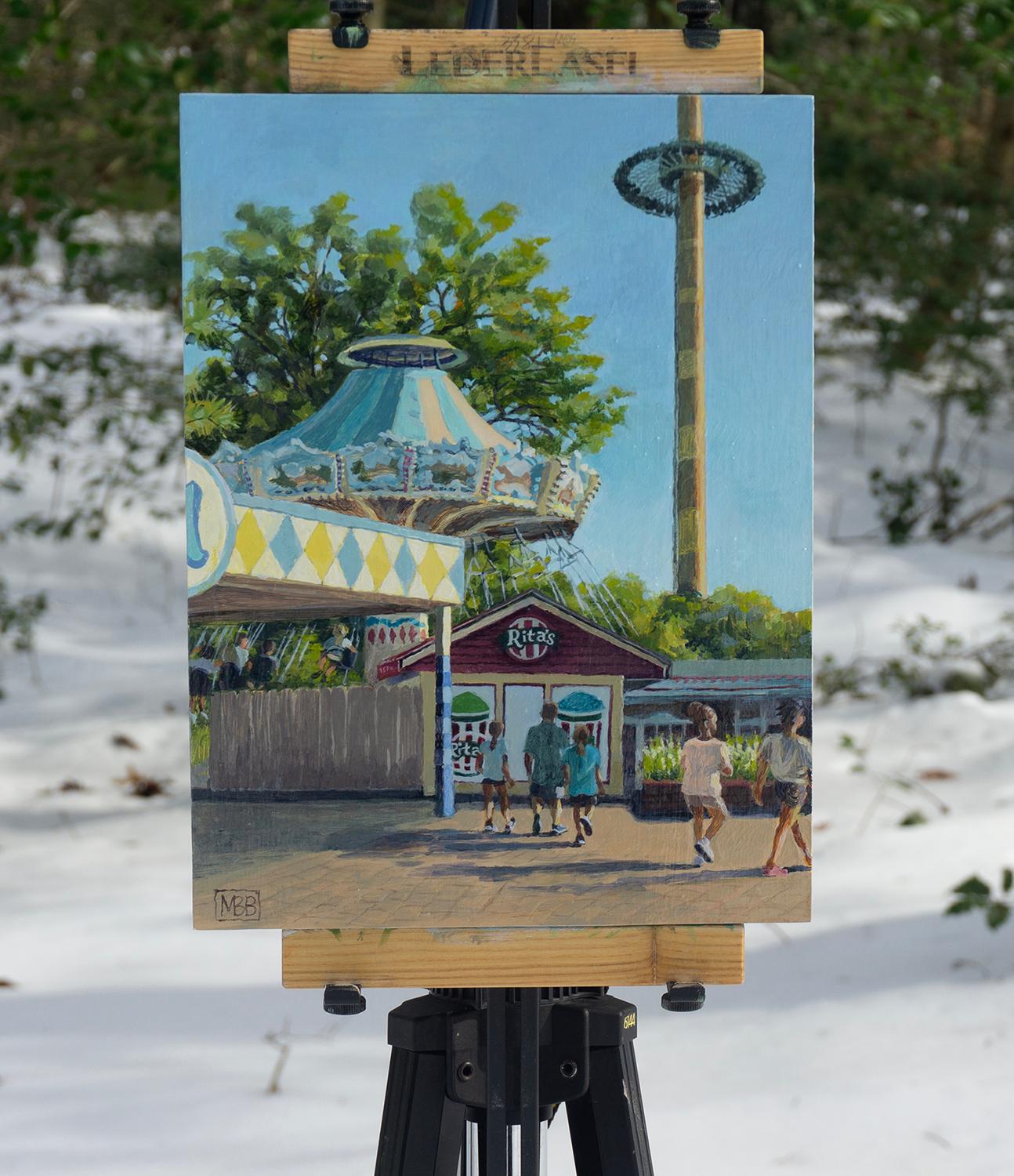 <p>Artist Comments<br>In the late afternoon light, long shadows stretch across an amusement park as a giant swing ride whirls riders through the air. In the distance, a towering drop ride adds to the festive energy. The scene captures the view from