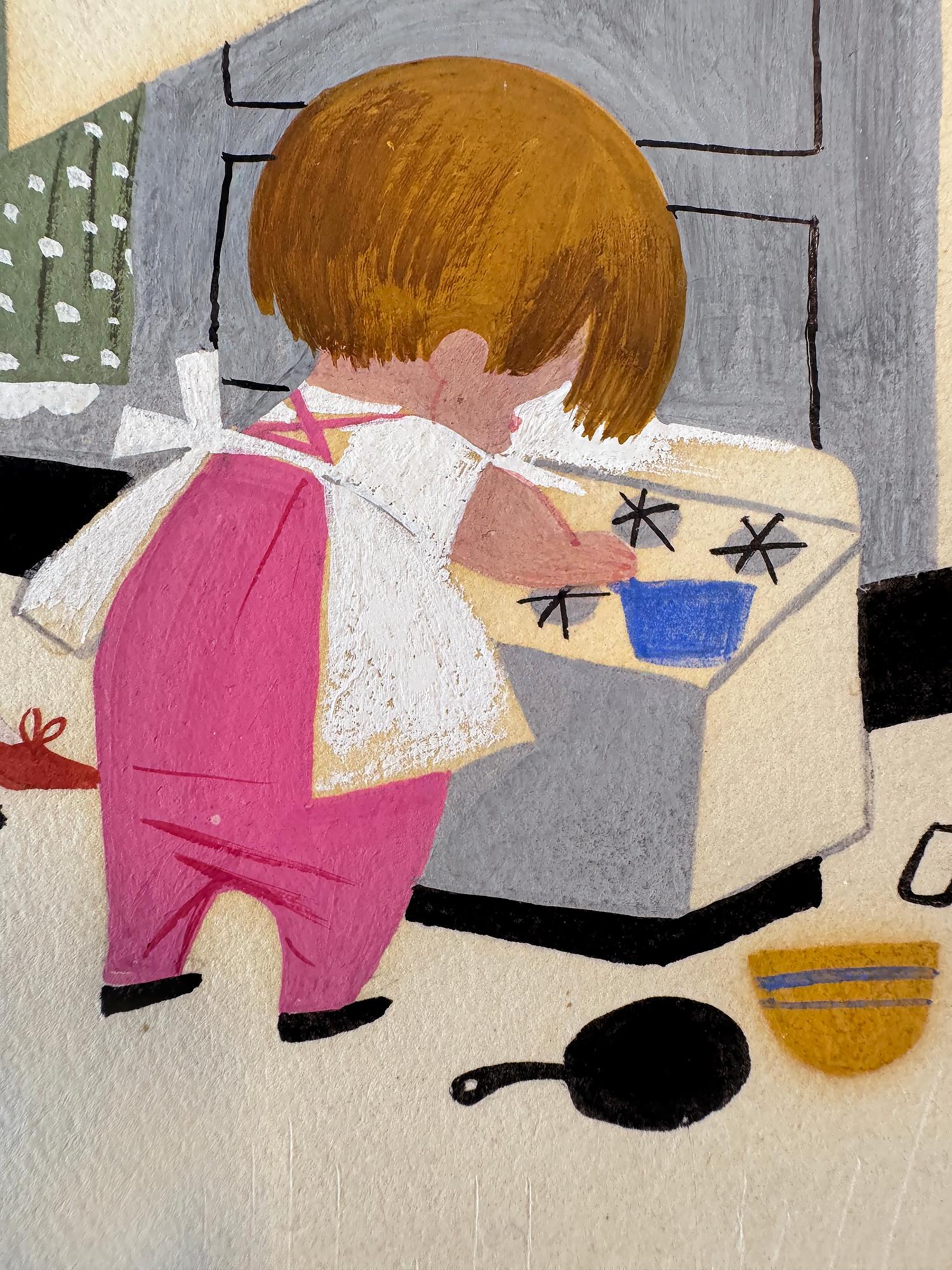 Famed Disney artist Mary Blair was also an illustrator for assignments outside Disney.
The present work appears to be for a Gelolo Mchugh children's book called Baby's House. There is printer information on Verso, but we are unsure how it ran. The