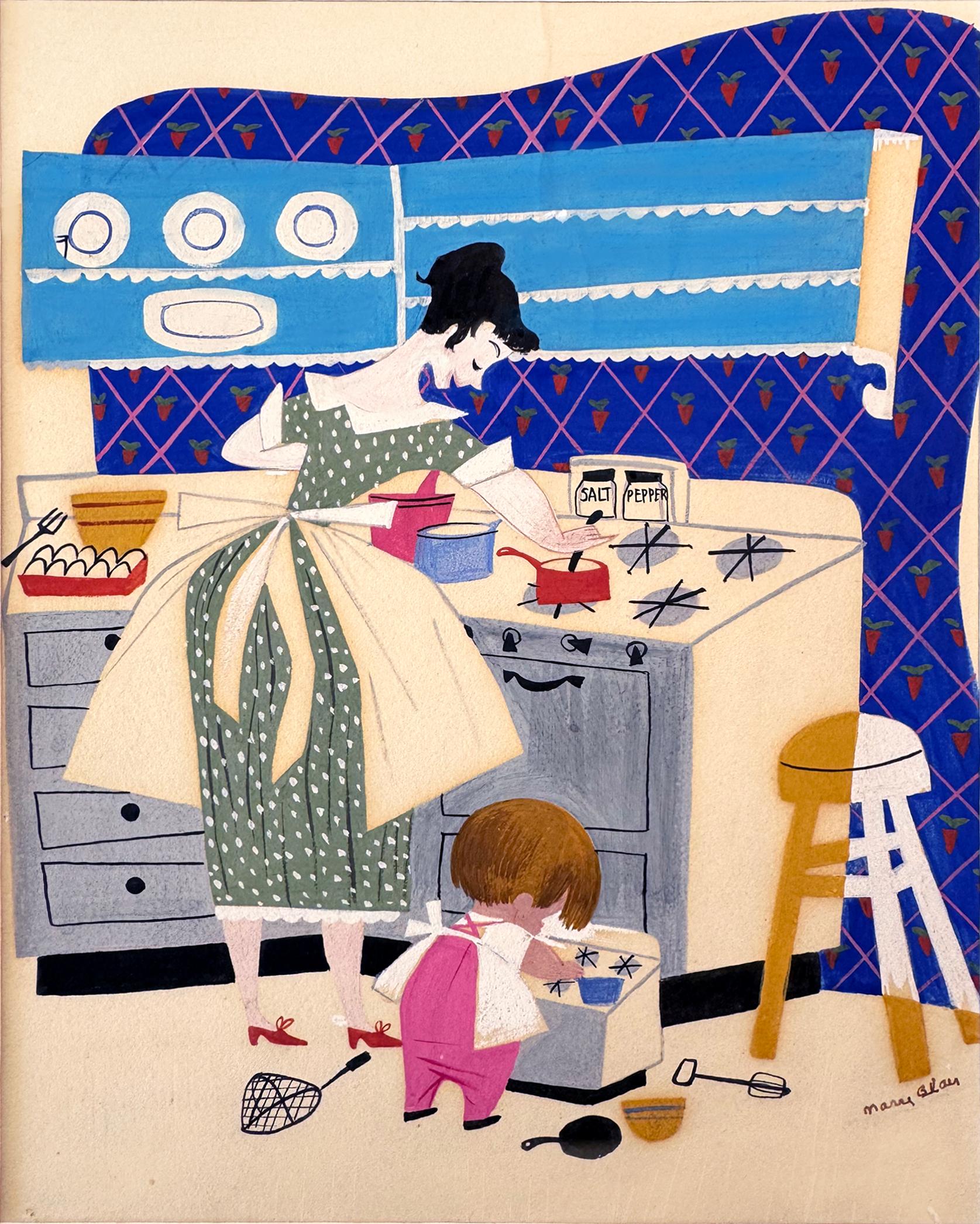 Baby's House Kitchen Interior - Woman Illustrator Mid-Century