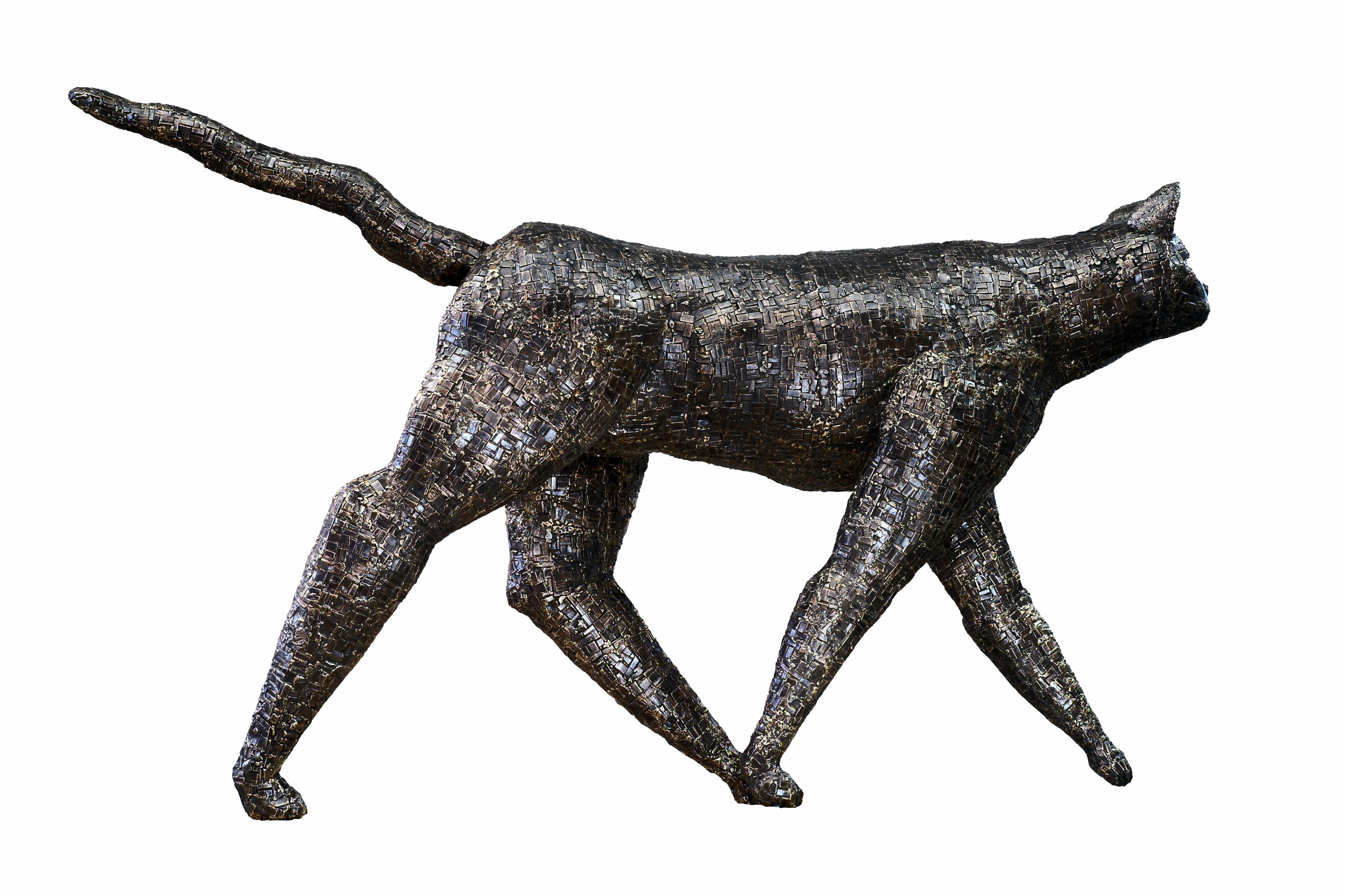 Walking Cat - Large Scale Bronze Animal Sculpture with Mosaic Patterned Surface - Gold Figurative Sculpture by Mary Block