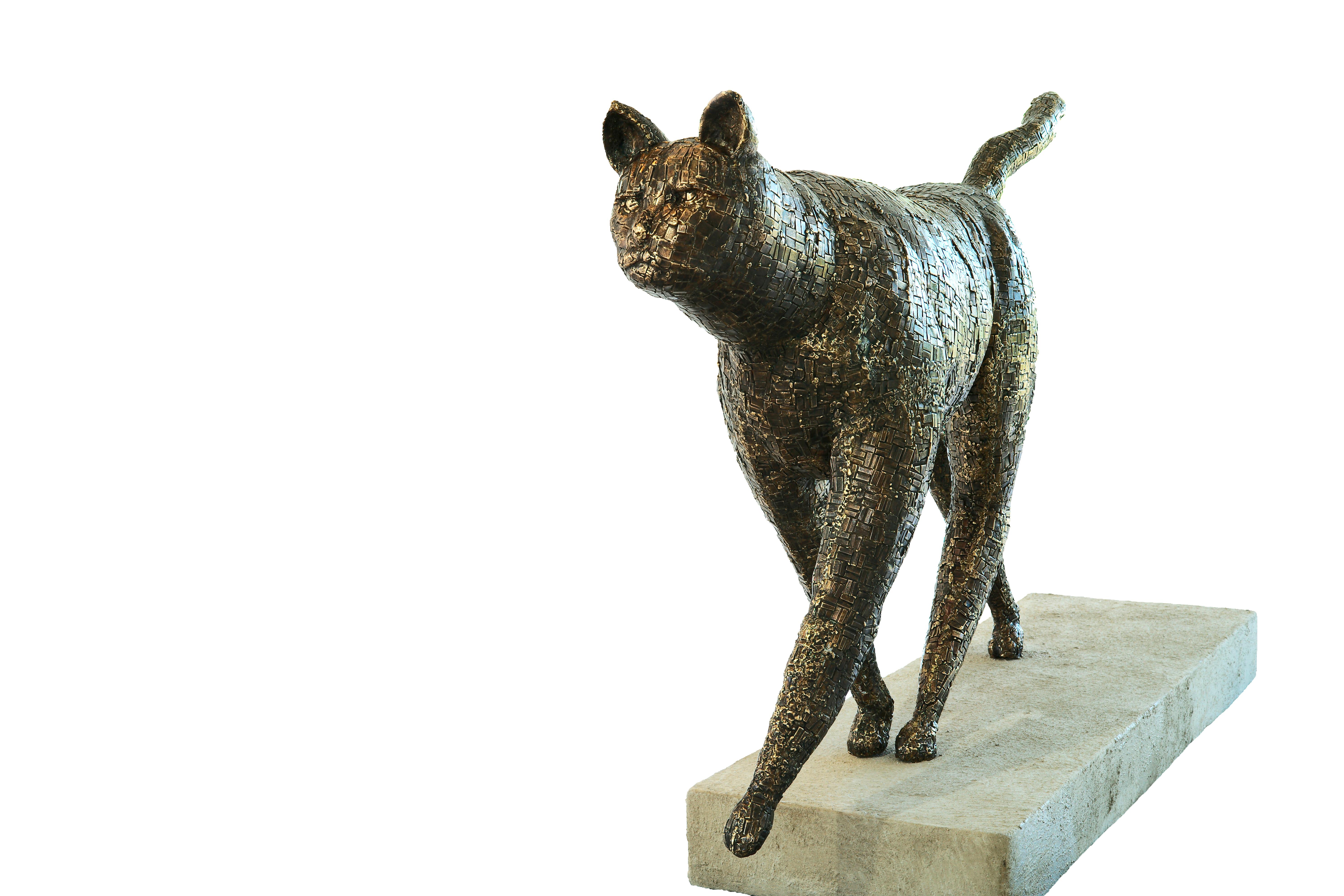 Walking Cat - Large Scale Bronze Animal Sculpture with Mosaic Patterned Surface For Sale 1