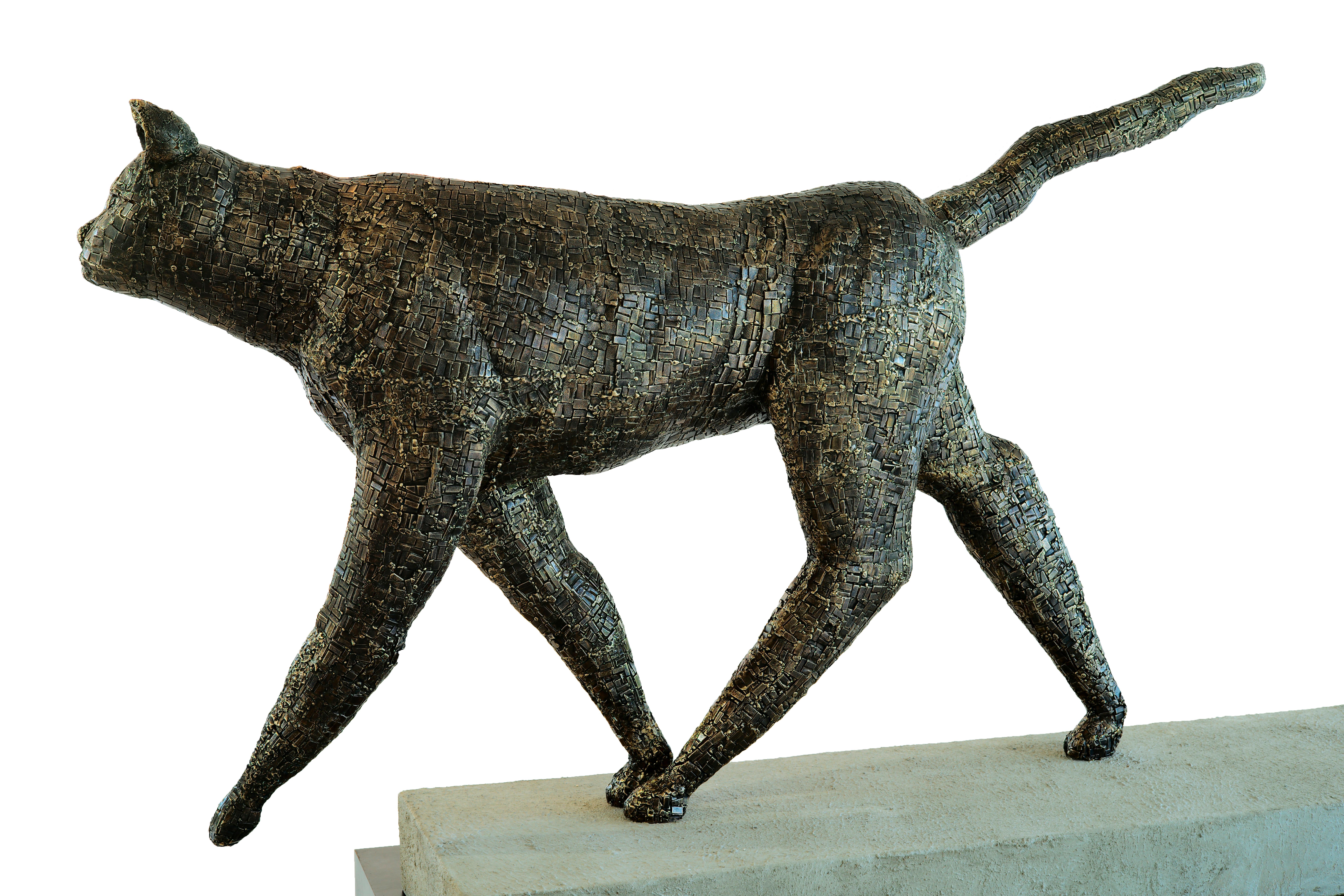 Walking Cat - Large Scale Bronze Animal Sculpture with Mosaic Patterned Surface For Sale 1