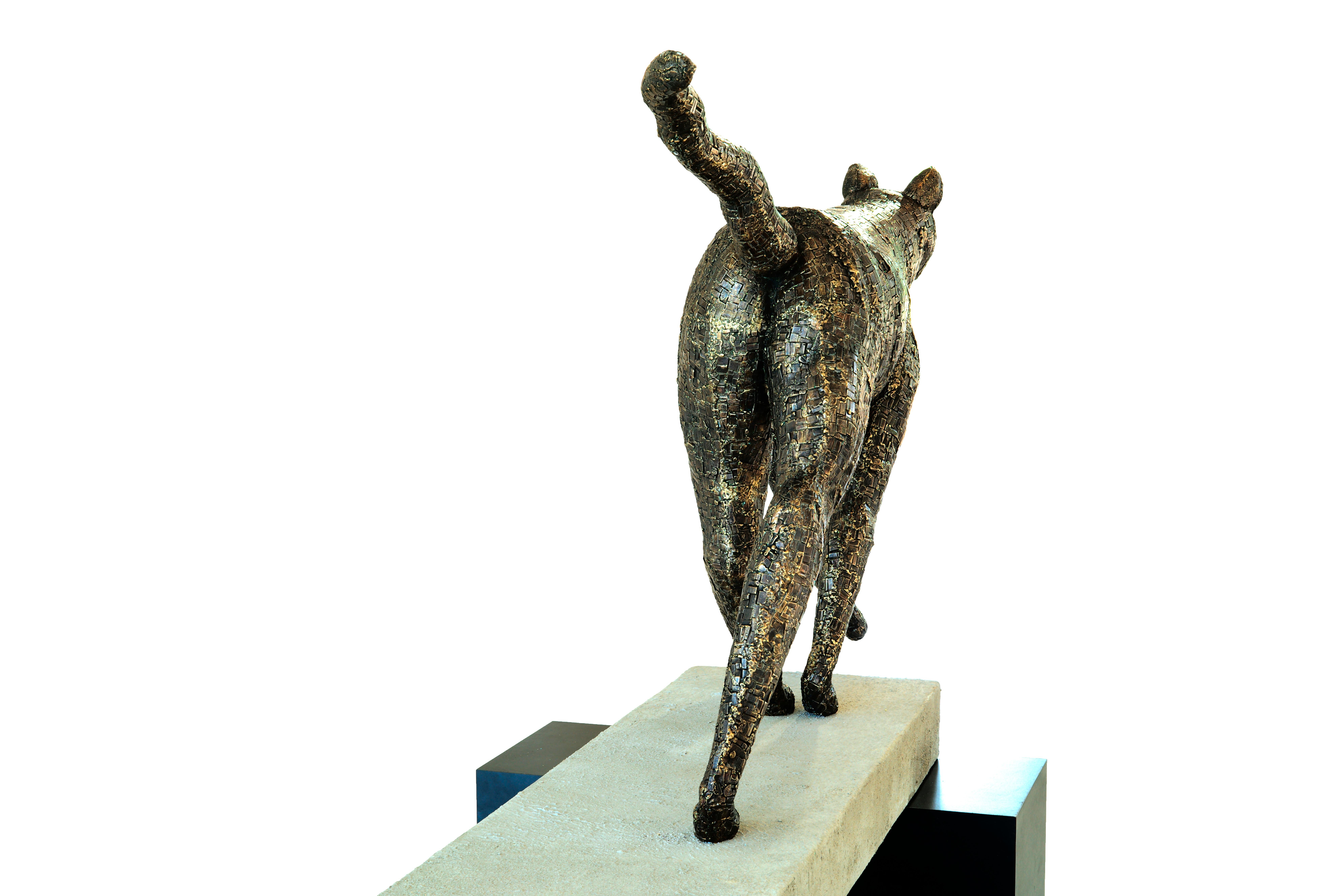 Walking Cat - Large Scale Bronze Animal Sculpture with Mosaic Patterned Surface For Sale 4