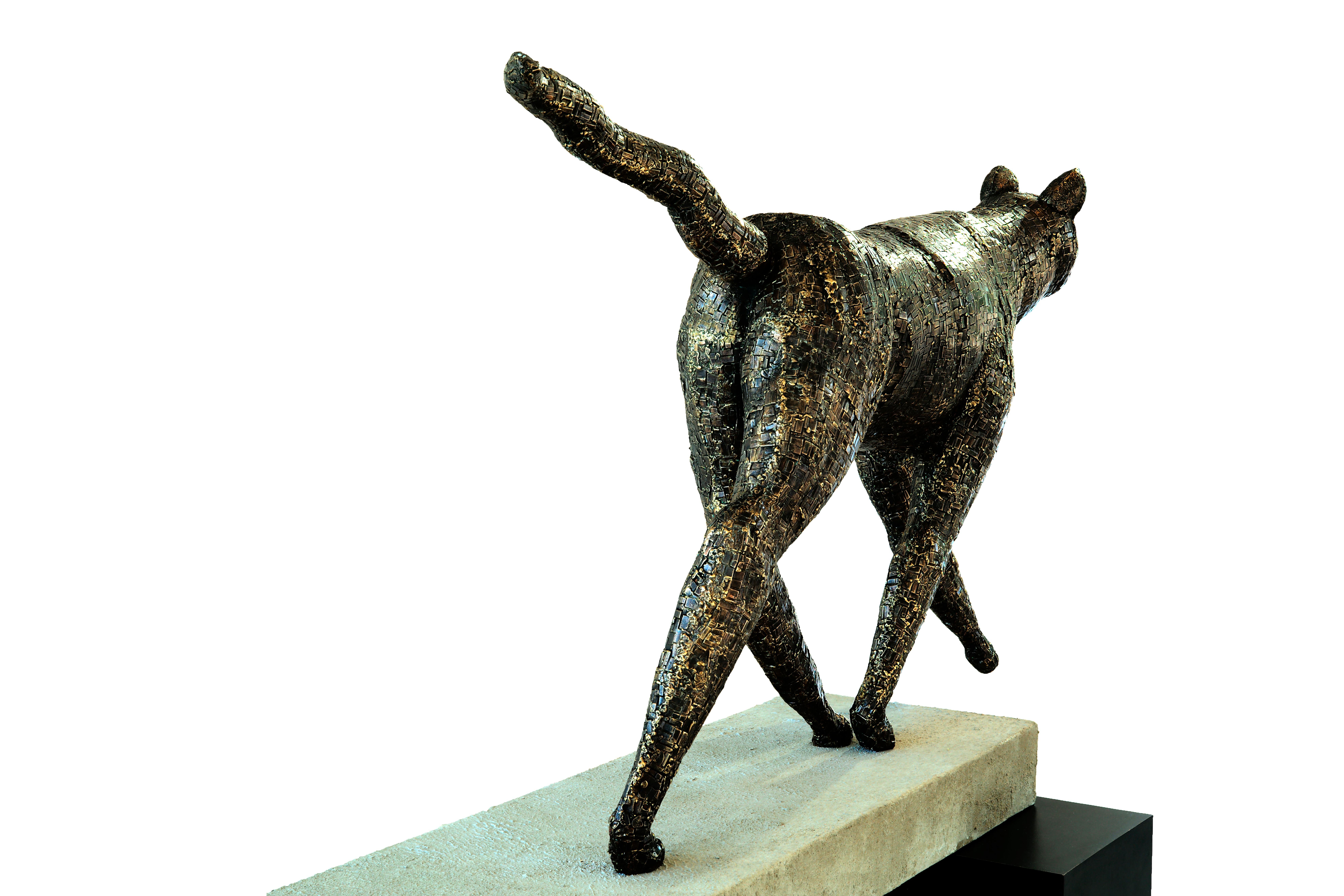 Walking Cat - Large Scale Bronze Animal Sculpture with Mosaic Patterned Surface For Sale 5