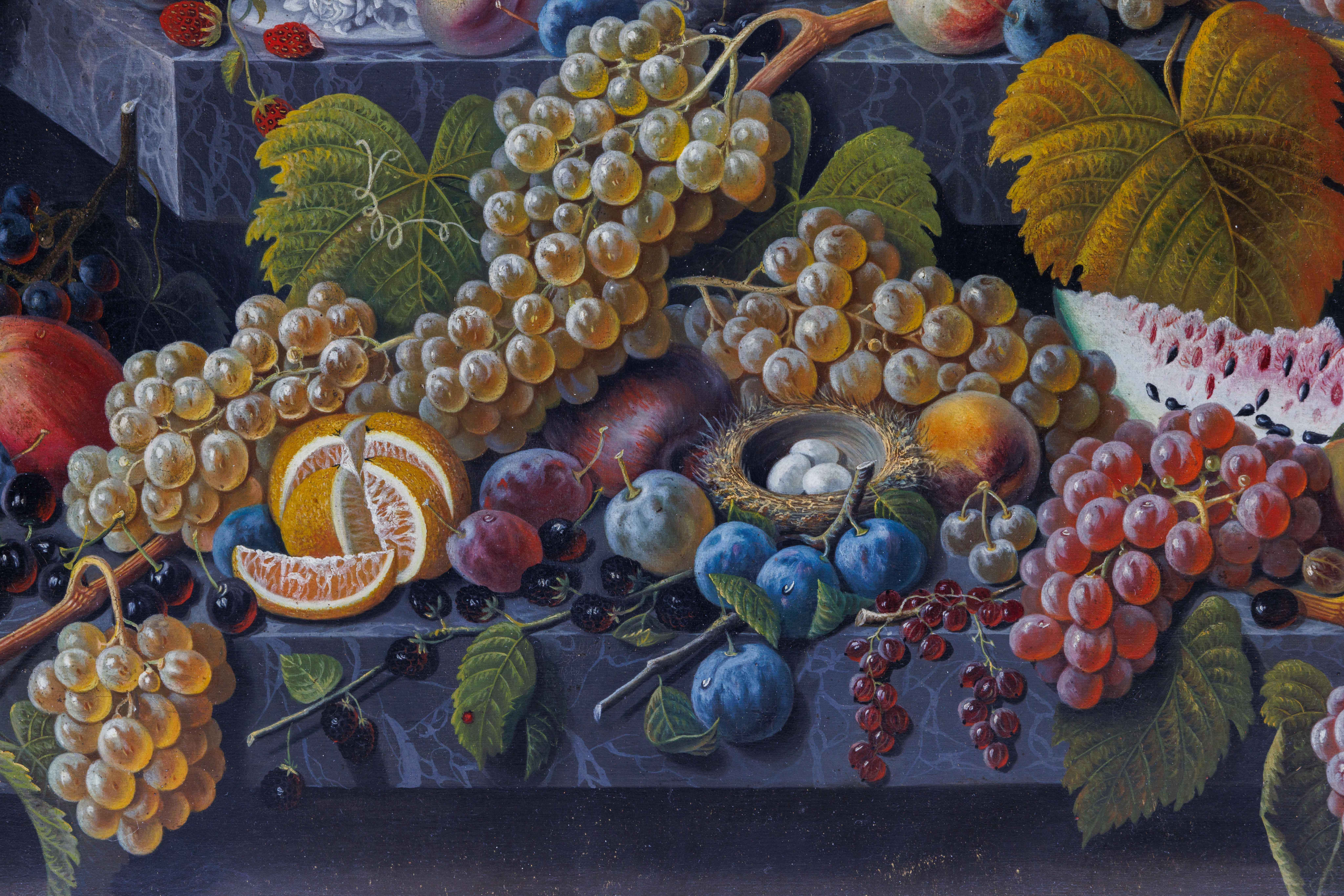 Mary Blood Mellen (American Female Artist, 1819-1882)

A Large and Exceptional Two-Tiered Fruit Still Life Oil on Canvas Painting, circa 1850

Signed lower right: Mellen
Inscribed possibly by the artist's hand on the stretcher bar: To be sent to