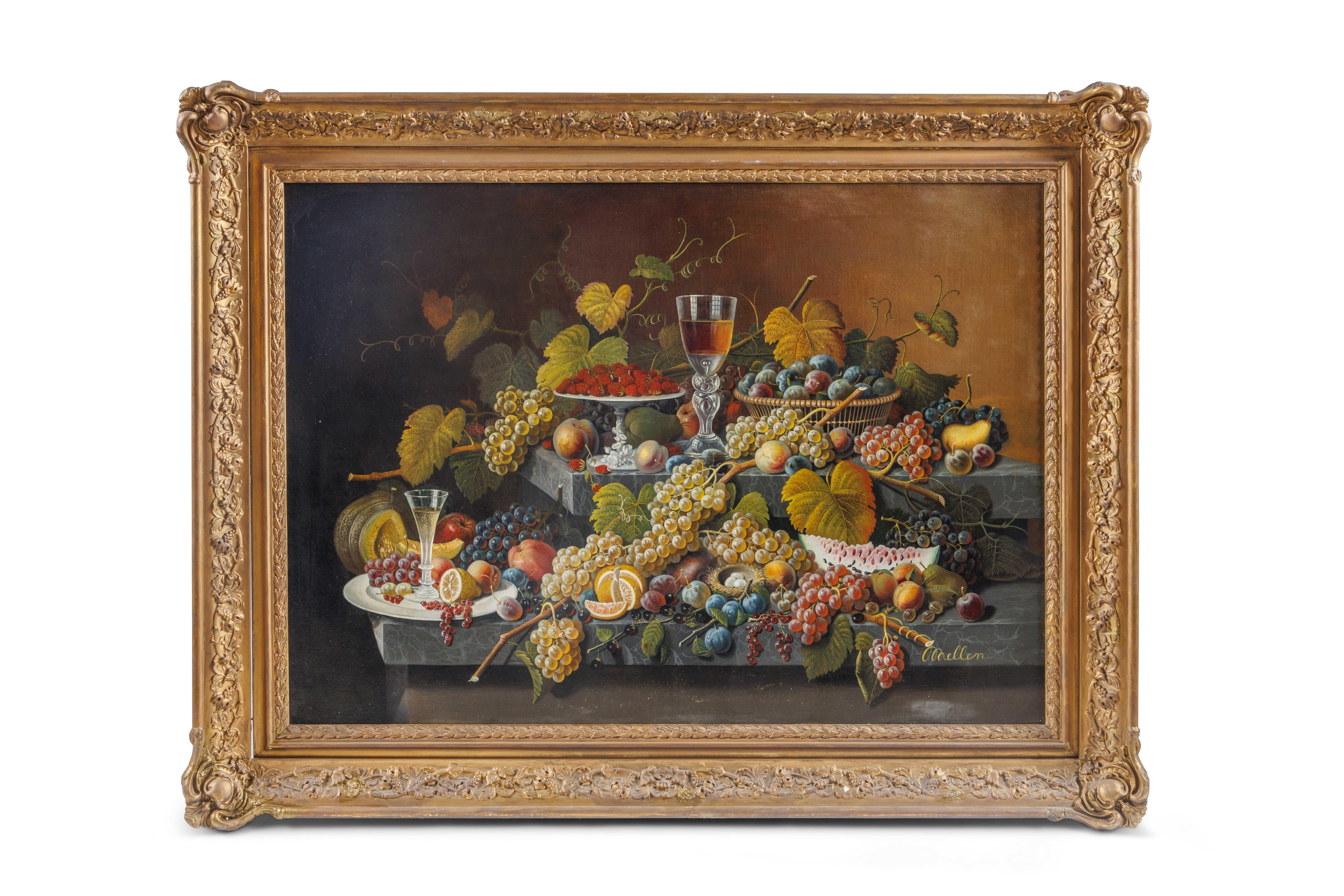 Mary Blood Mellen Still-Life Painting - An Exceptional Two-Tiered Fruit Still Life Oil Painting, by Mary Mellen, C. 1850