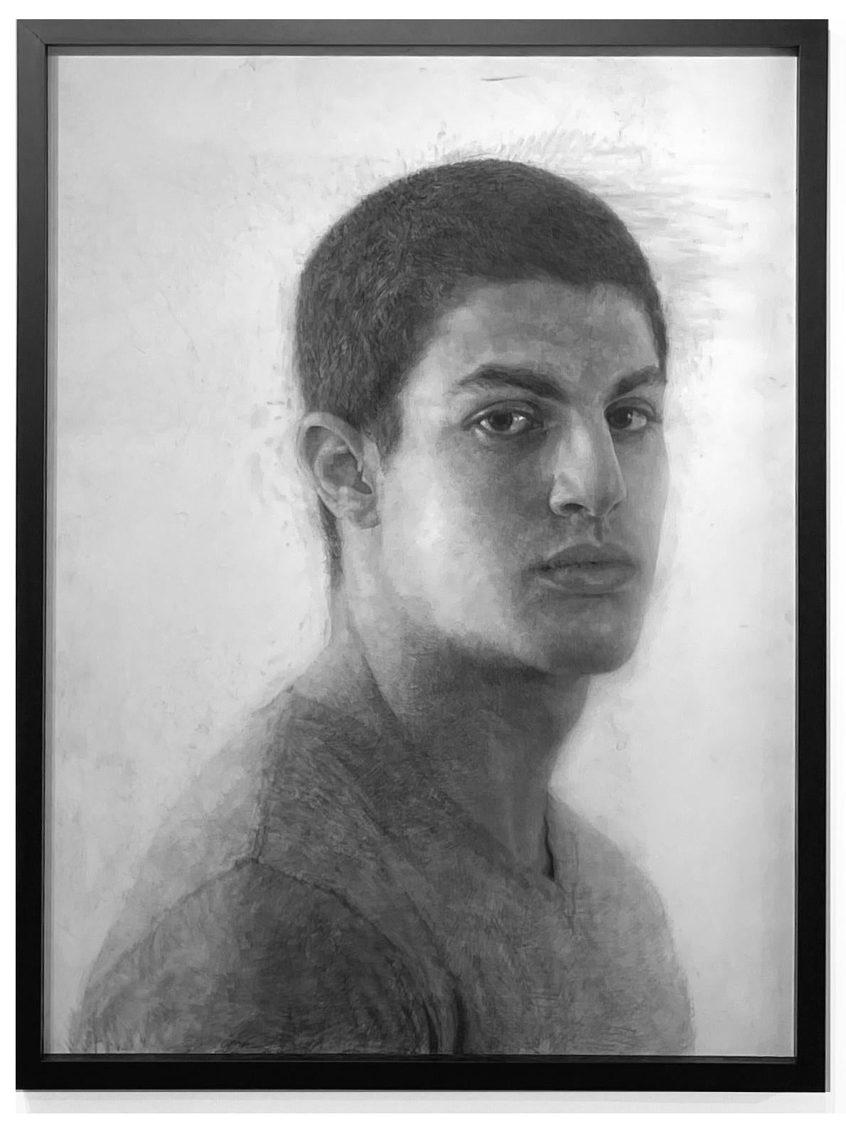 Portrait de Justin Shanitkvich - Fusain à grande échelle sur Mylar Original, encadré - Art de Mary Borgman
